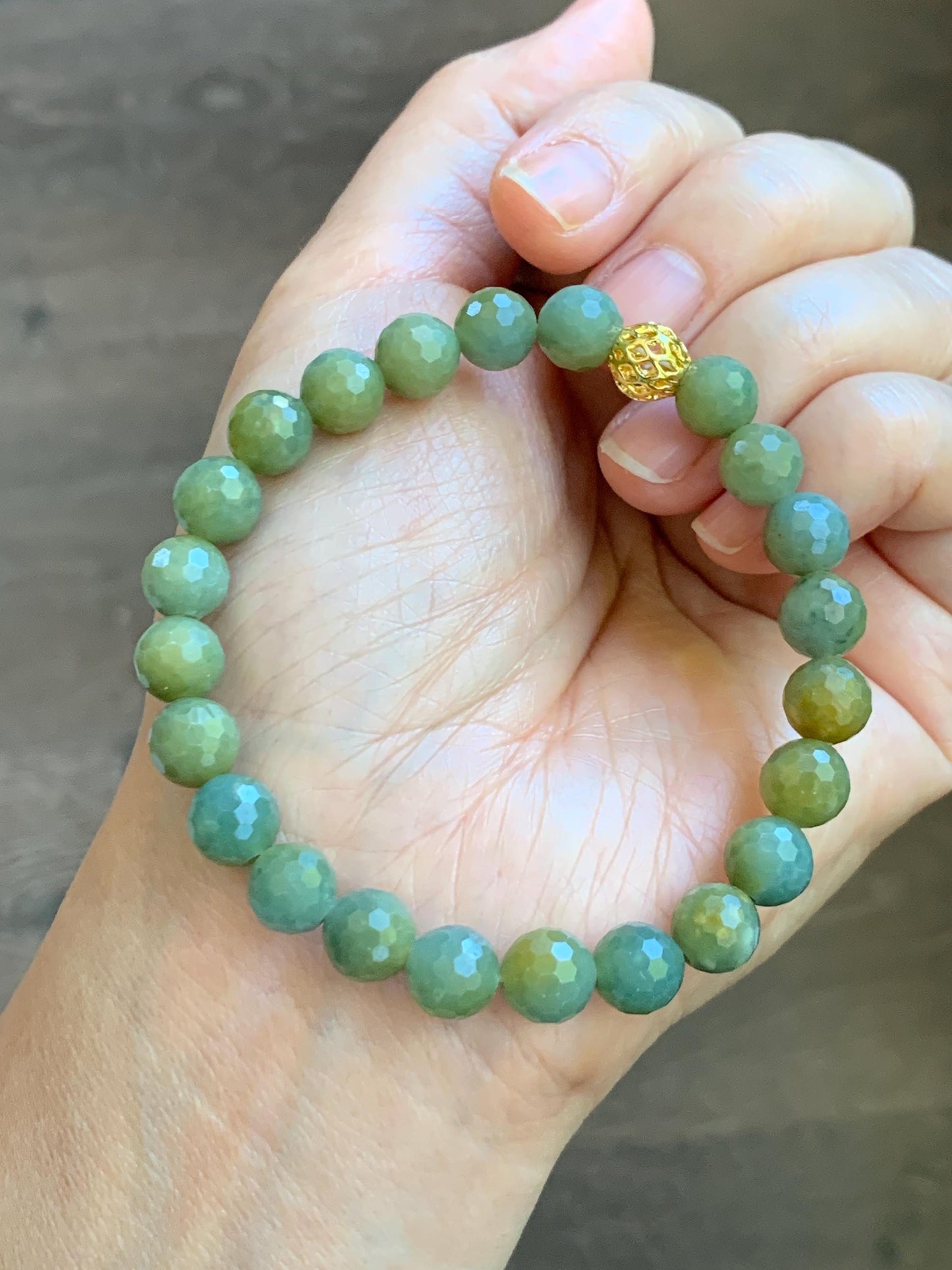 Natural Guatemalan Grade A Icy Translucent Dusty Blue Yellow Faceted Jade Jadeite Beaded Bracelet 8mm 7.25" 20g 天然冰危蓝加黄翡翠切割面圆珠手串 WQG100A