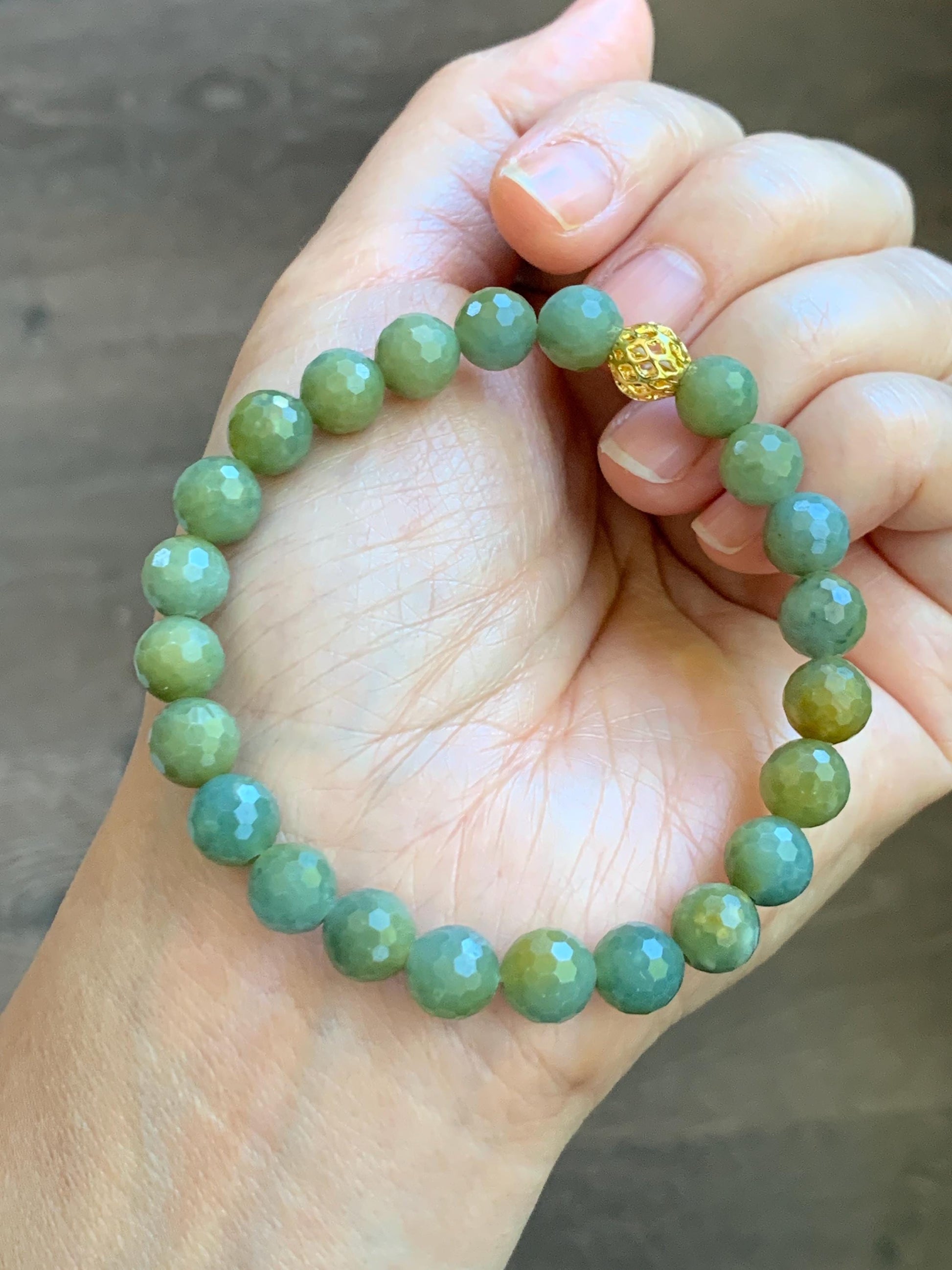 Natural Guatemalan Grade A Icy Translucent Dusty Blue Yellow Faceted Jade Jadeite Beaded Bracelet 8mm 7.25" 20g 天然冰危蓝加黄翡翠切割面圆珠手串 WQG100A