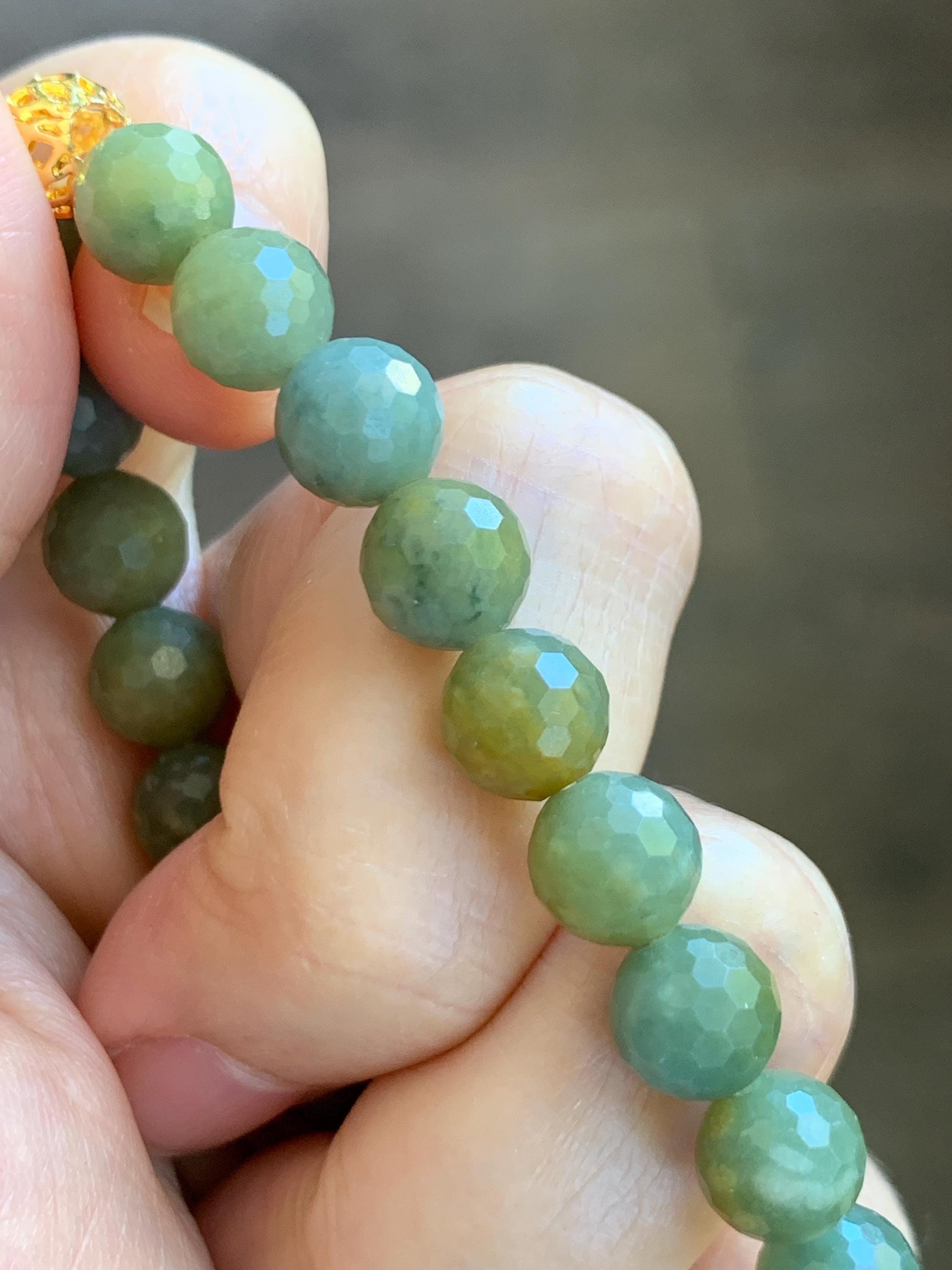 Natural Guatemalan Grade A Icy Translucent Dusty Blue Yellow Faceted Jade Jadeite Beaded Bracelet 8mm 7.25" 20g 天然冰危蓝加黄翡翠切割面圆珠手串 WQG100A