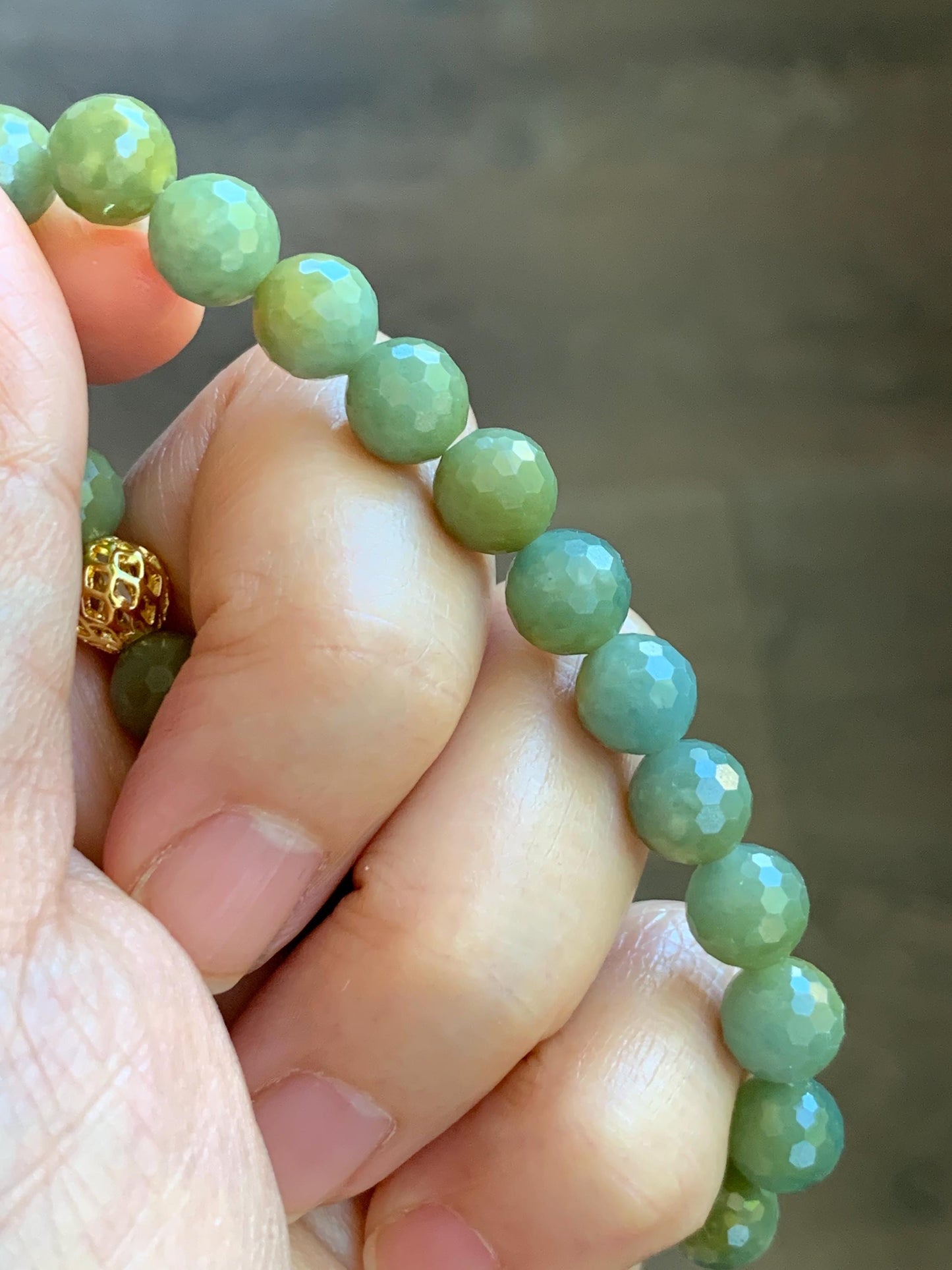 Natural Guatemalan Grade A Icy Translucent Dusty Blue Yellow Faceted Jade Jadeite Beaded Bracelet 8mm 7.25" 20g 天然冰危蓝加黄翡翠切割面圆珠手串 WQG100A