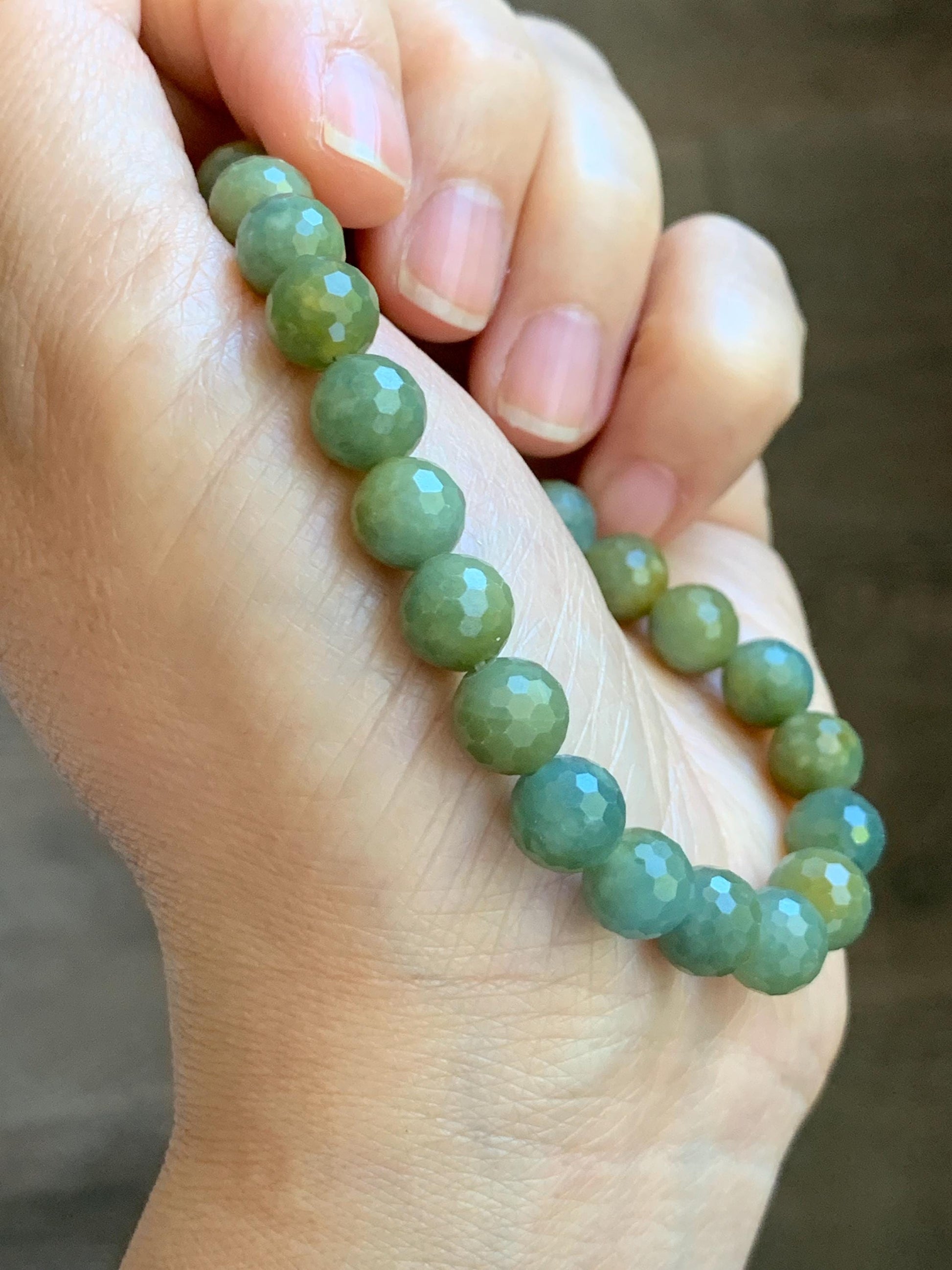 Natural Guatemalan Grade A Icy Translucent Dusty Blue Yellow Faceted Jade Jadeite Beaded Bracelet 8mm 7.25" 20g 天然冰危蓝加黄翡翠切割面圆珠手串 WQG100A