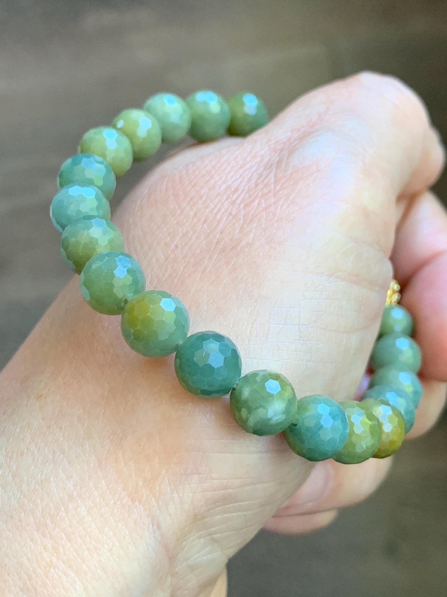 Natural Guatemalan Grade A Icy Translucent Dusty Blue Yellow Faceted Jade Jadeite Beaded Bracelet 8mm 7.25" 20g 天然冰危蓝加黄翡翠切割面圆珠手串 WQG100A