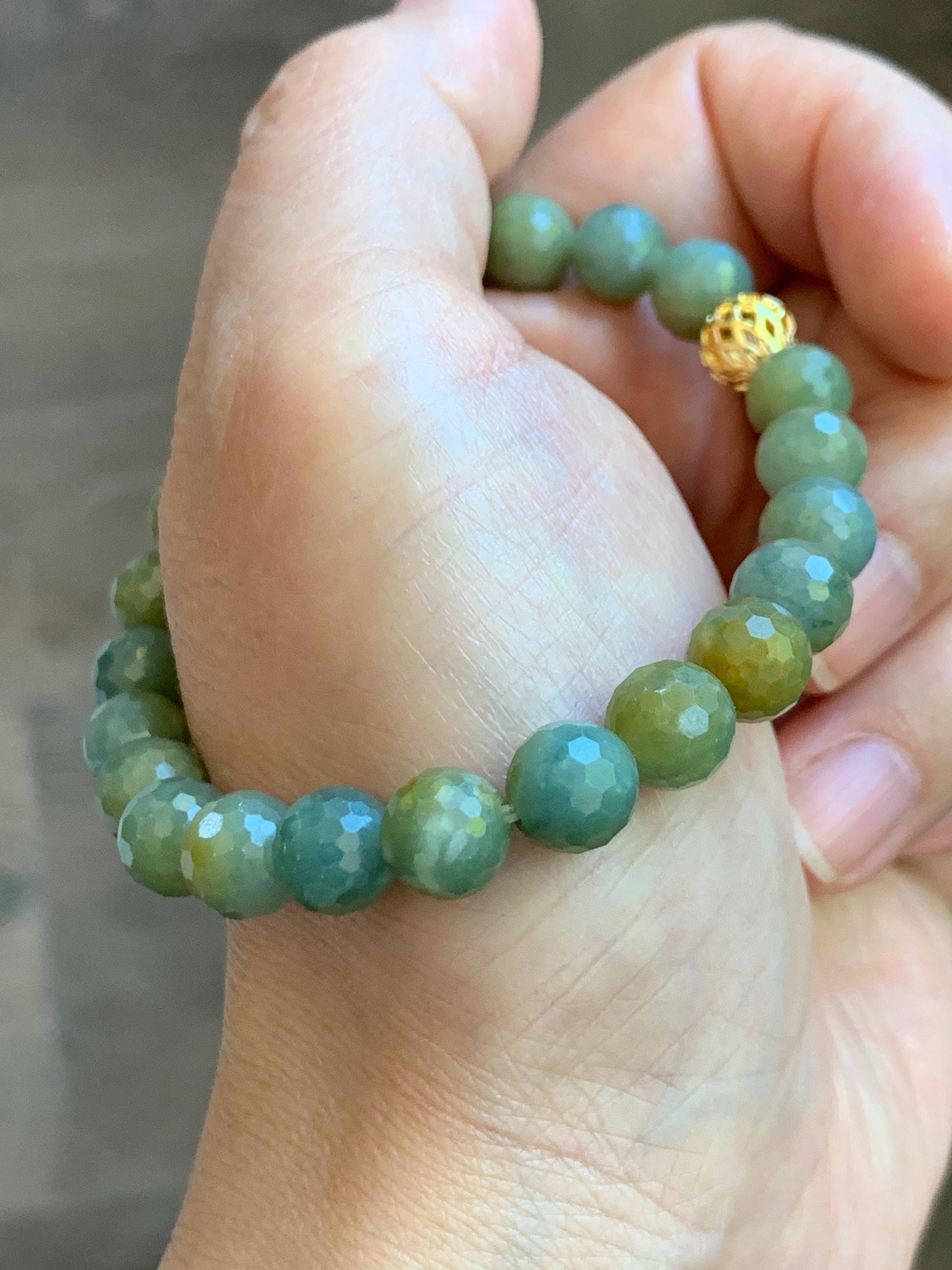 Natural Guatemalan Grade A Icy Translucent Dusty Blue Yellow Faceted Jade Jadeite Beaded Bracelet 8mm 7.25" 20g 天然冰危蓝加黄翡翠切割面圆珠手串 WQG100A