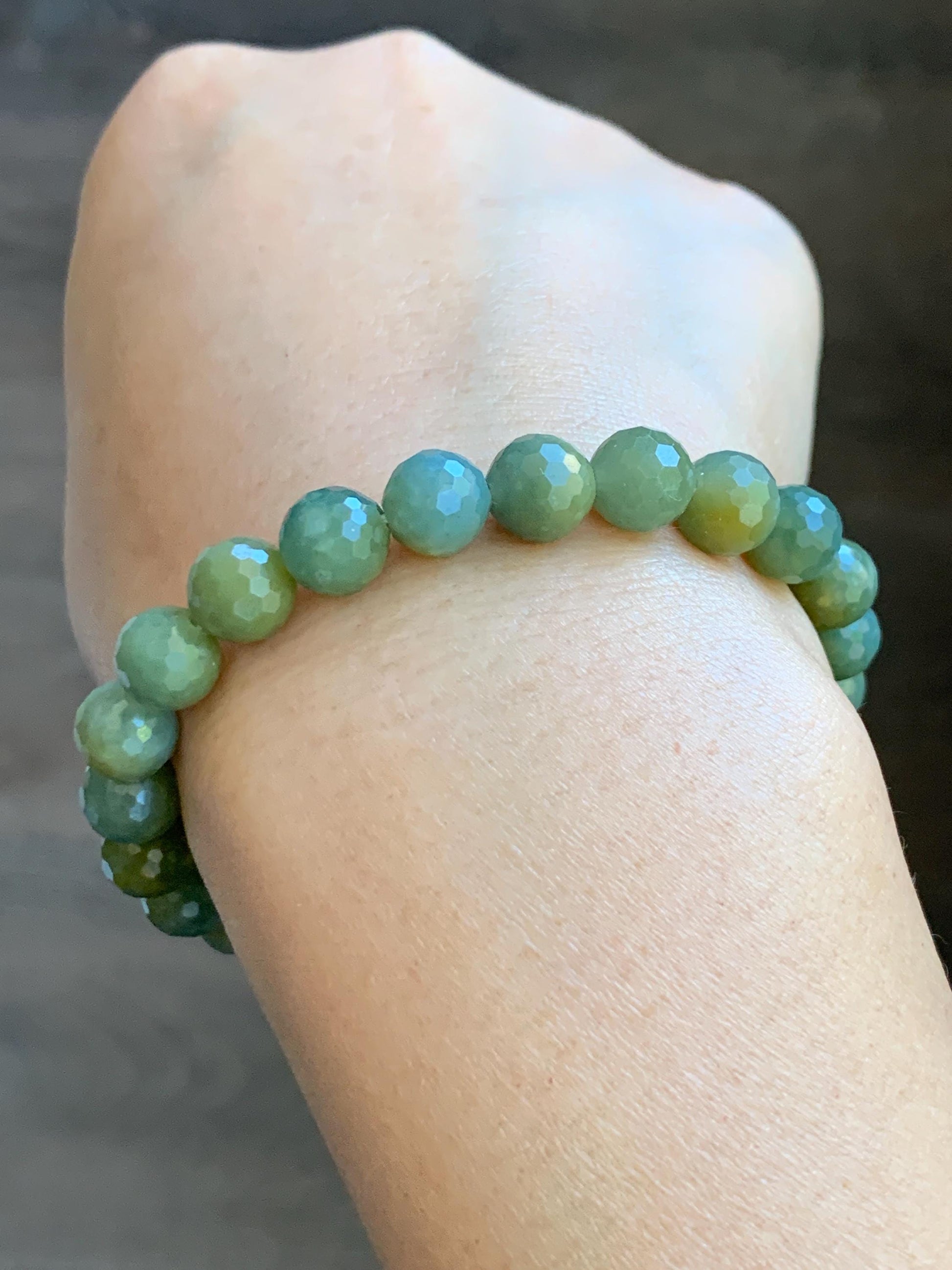 Natural Guatemalan Grade A Icy Translucent Dusty Blue Yellow Faceted Jade Jadeite Beaded Bracelet 8mm 7.25" 20g 天然冰危蓝加黄翡翠切割面圆珠手串 WQG100A