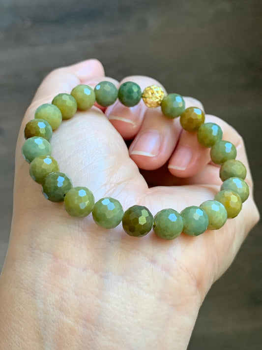 Natural Guatemalan Grade A Icy Translucent Dark Yellow Faceted Jade Jadeite Beaded Bracelet 8.2mm 7" 20g 天然冰危深黄翡翠切割面圆珠手串 WHQ120A
