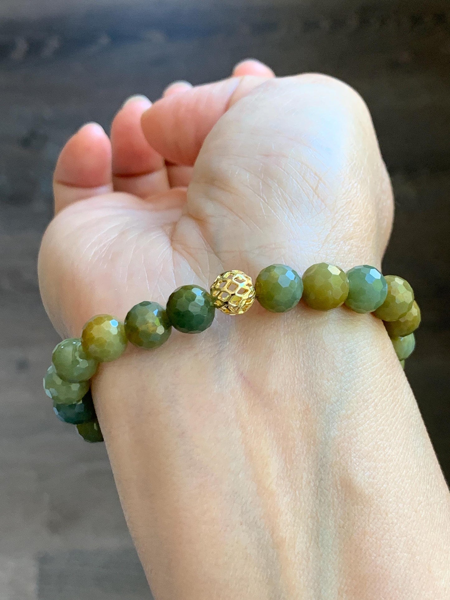 Natural Guatemalan Grade A Icy Translucent Dark Yellow Faceted Jade Jadeite Beaded Bracelet 8.2mm 7" 20g 天然冰危深黄翡翠切割面圆珠手串 WHQ120A