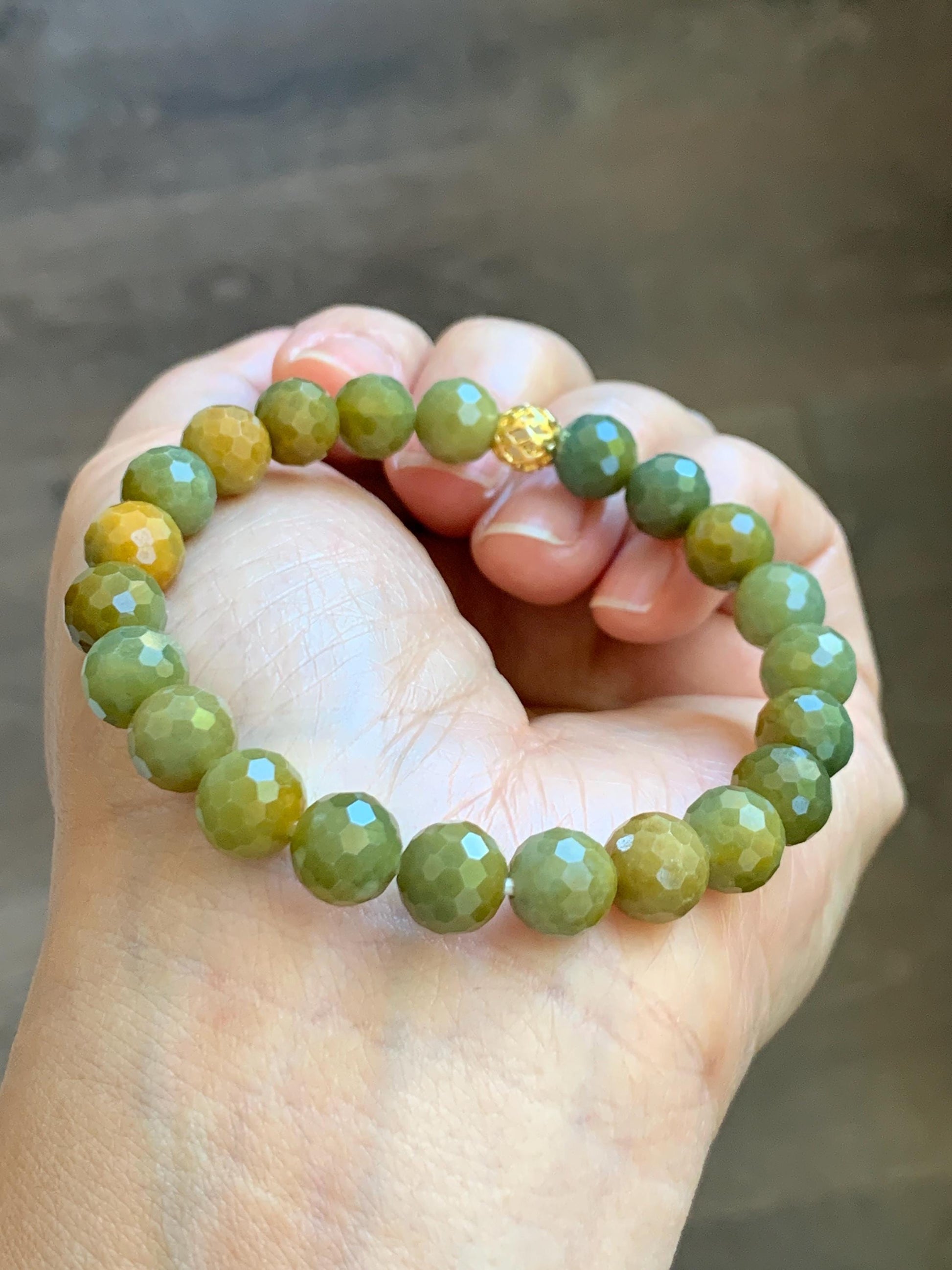 Natural Guatemalan Grade A Icy Translucent Dark Yellow Faceted Jade Jadeite Beaded Bracelet 8.3mm 7" 20g 天然冰危深黄翡翠切割面圆珠手串 WHQ120B