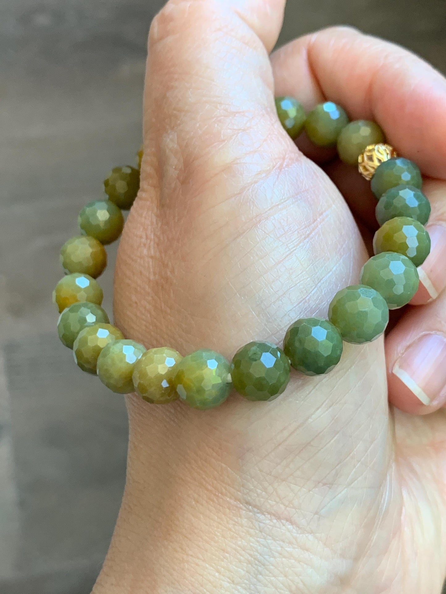 Natural Guatemalan Grade A Icy Translucent Dark Yellow Faceted Jade Jadeite Beaded Bracelet 8.3mm 7" 20g 天然冰危深黄翡翠切割面圆珠手串 WHQ120B