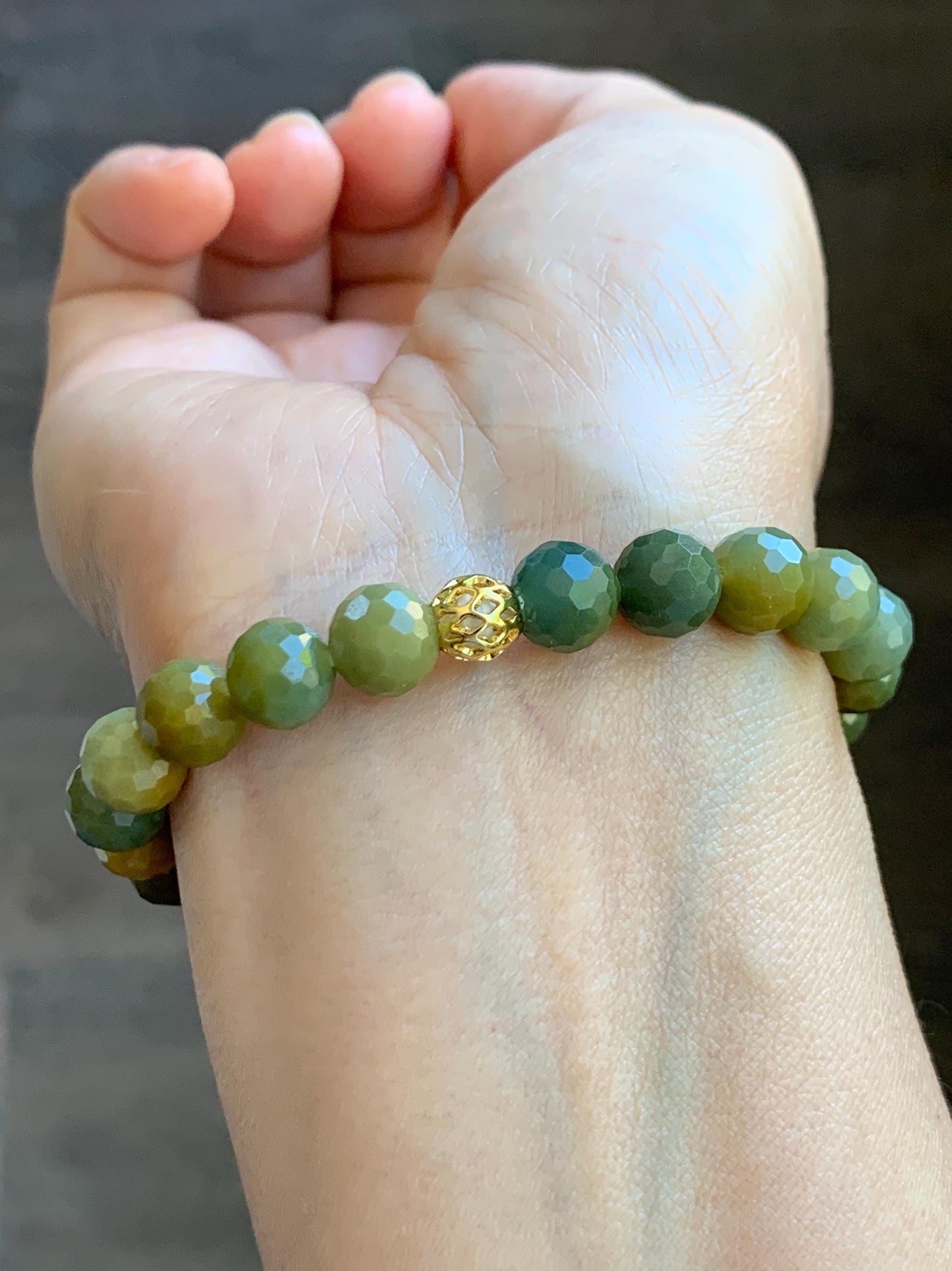 Natural Guatemalan Grade A Icy Translucent Dark Yellow Faceted Jade Jadeite Beaded Bracelet 8.3mm 7" 20g 天然冰危深黄翡翠切割面圆珠手串 WHQ120B