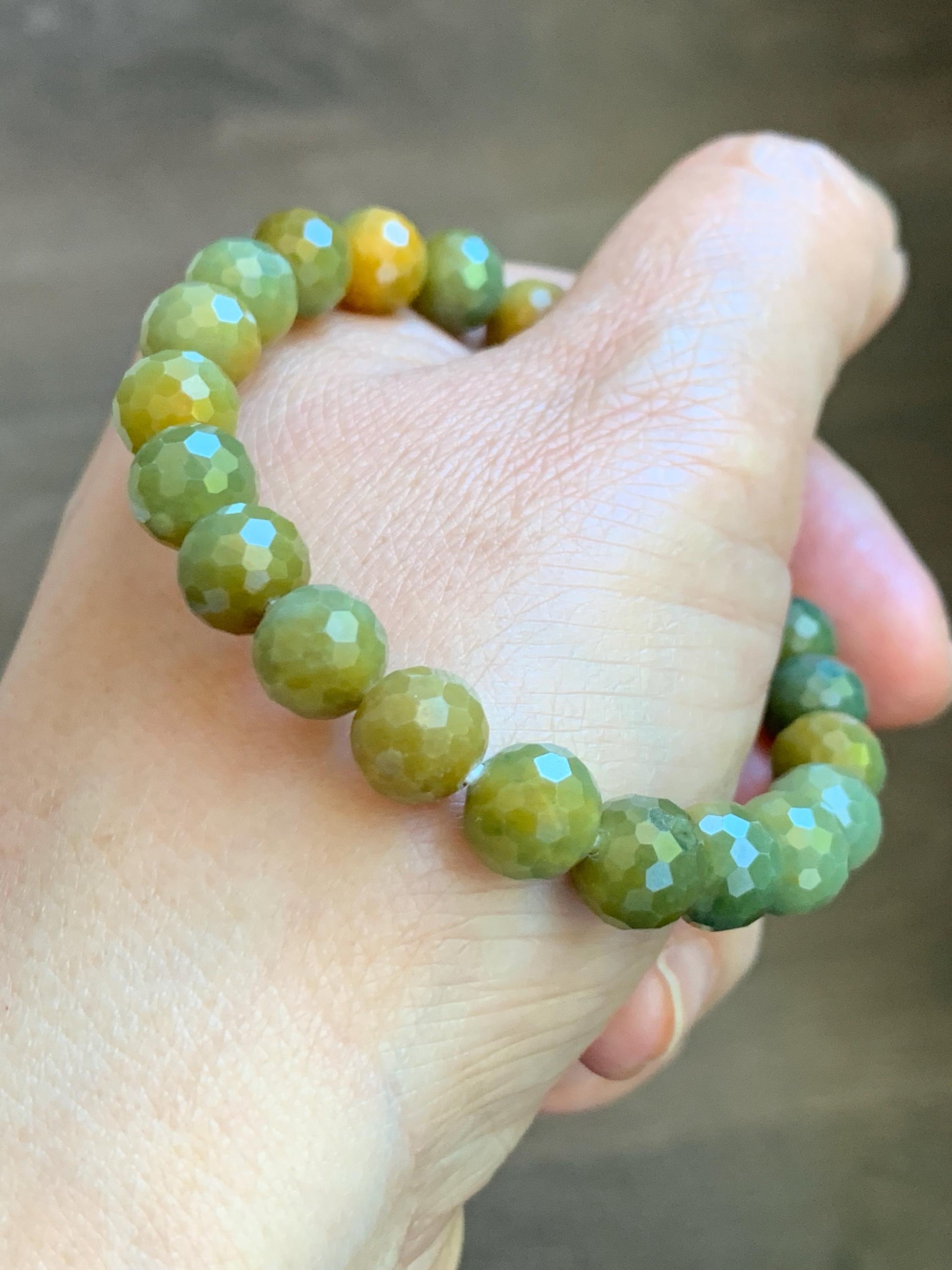 Natural Guatemalan Grade A Icy Translucent Dark Yellow Faceted Jade Jadeite Beaded Bracelet 8.3mm 7" 20g 天然冰危深黄翡翠切割面圆珠手串 WHQ120B