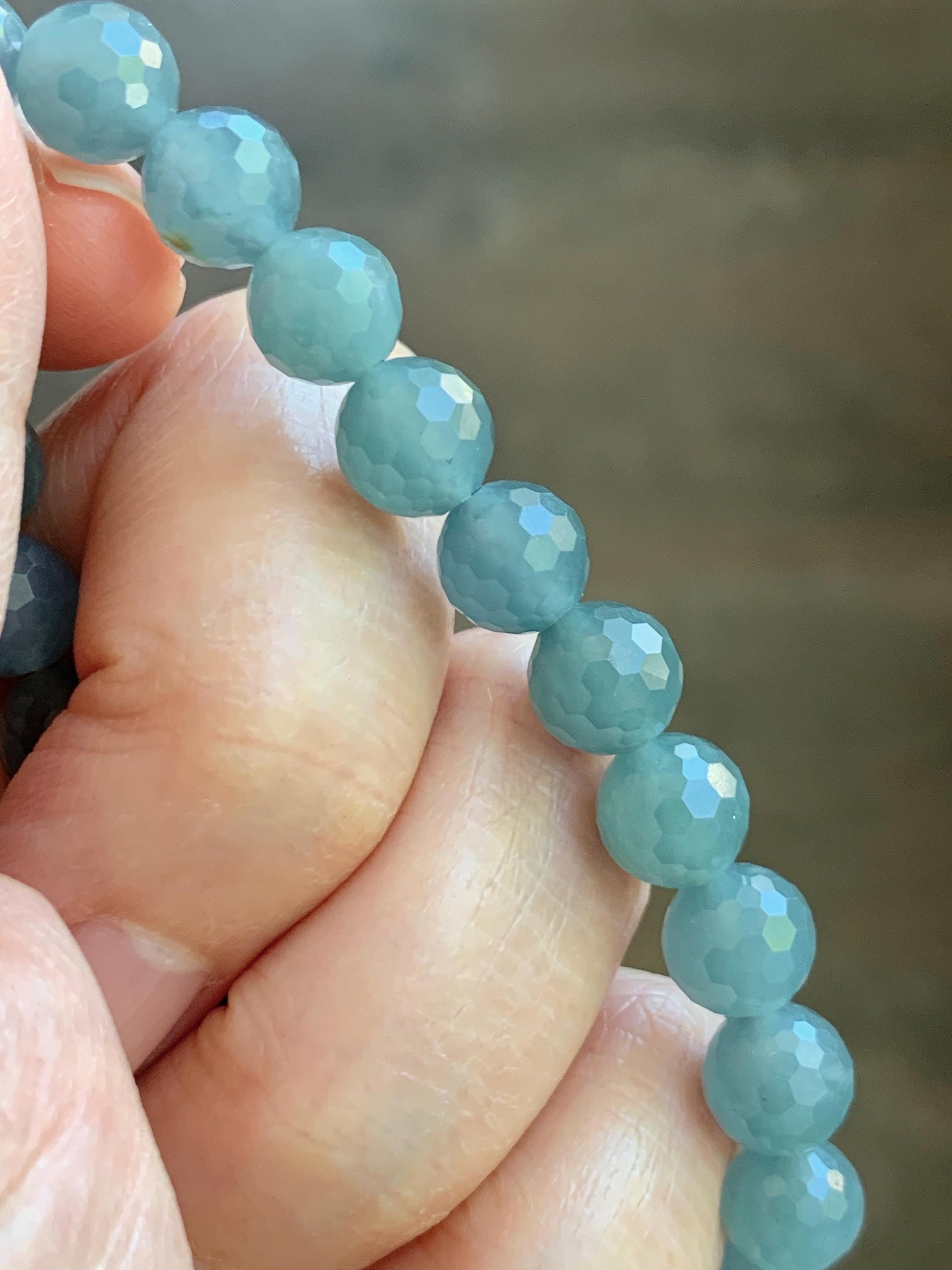 Natural Guatemalan Grade A Icy Translucent Dusty Blue Faceted Jade Jadeite Beaded Bracelet 8mm 7" 19g 天然冰危蓝翡翠切割面圆珠手串 WQG100E