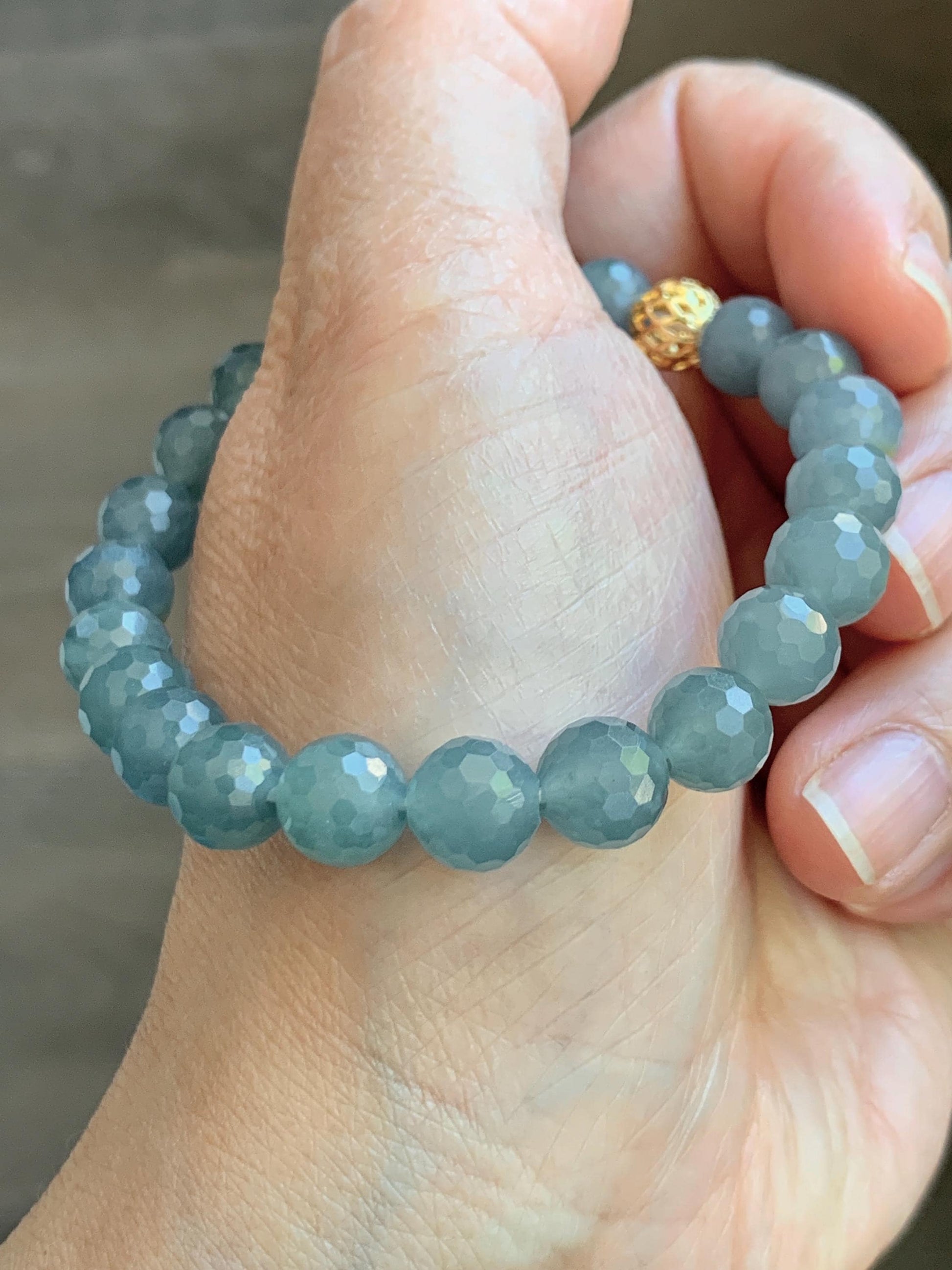 Natural Guatemalan Grade A Icy Translucent Dusty Blue Faceted Jade Jadeite Beaded Bracelet 8mm 7" 19g 天然冰危蓝翡翠切割面圆珠手串 WQG100E