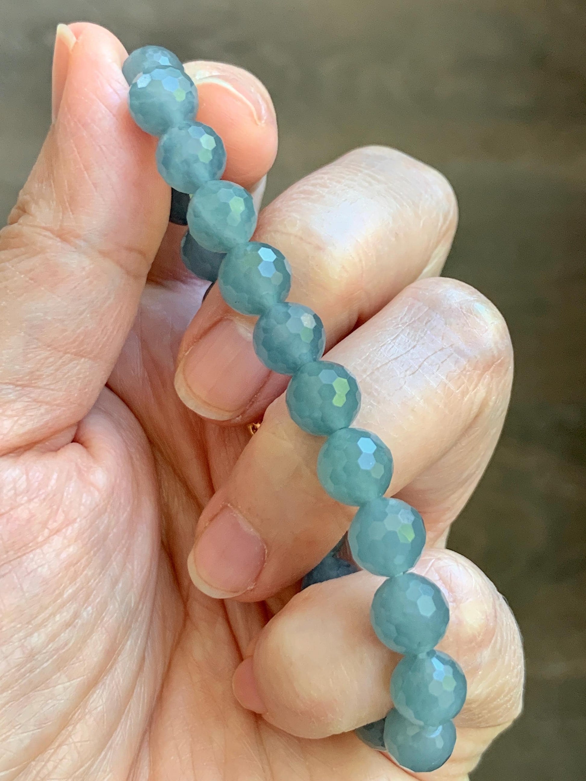 Natural Guatemalan Grade A Icy Translucent Dusty Blue Faceted Jade Jadeite Beaded Bracelet 8mm 7" 19g 天然冰危蓝翡翠切割面圆珠手串 WQG100E