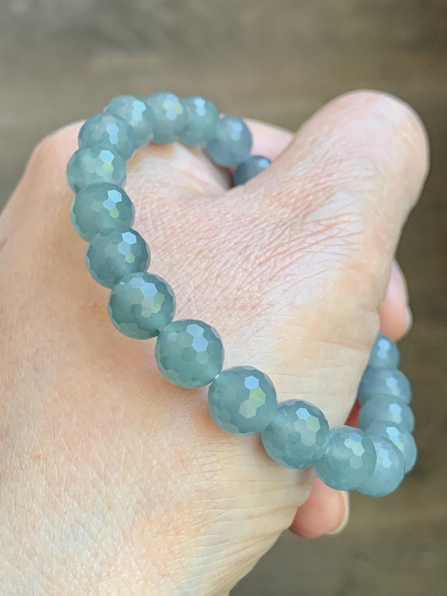 Natural Guatemalan Grade A Icy Translucent Dusty Blue Faceted Jade Jadeite Beaded Bracelet 8mm 7" 19g 天然冰危蓝翡翠切割面圆珠手串 WQG100E
