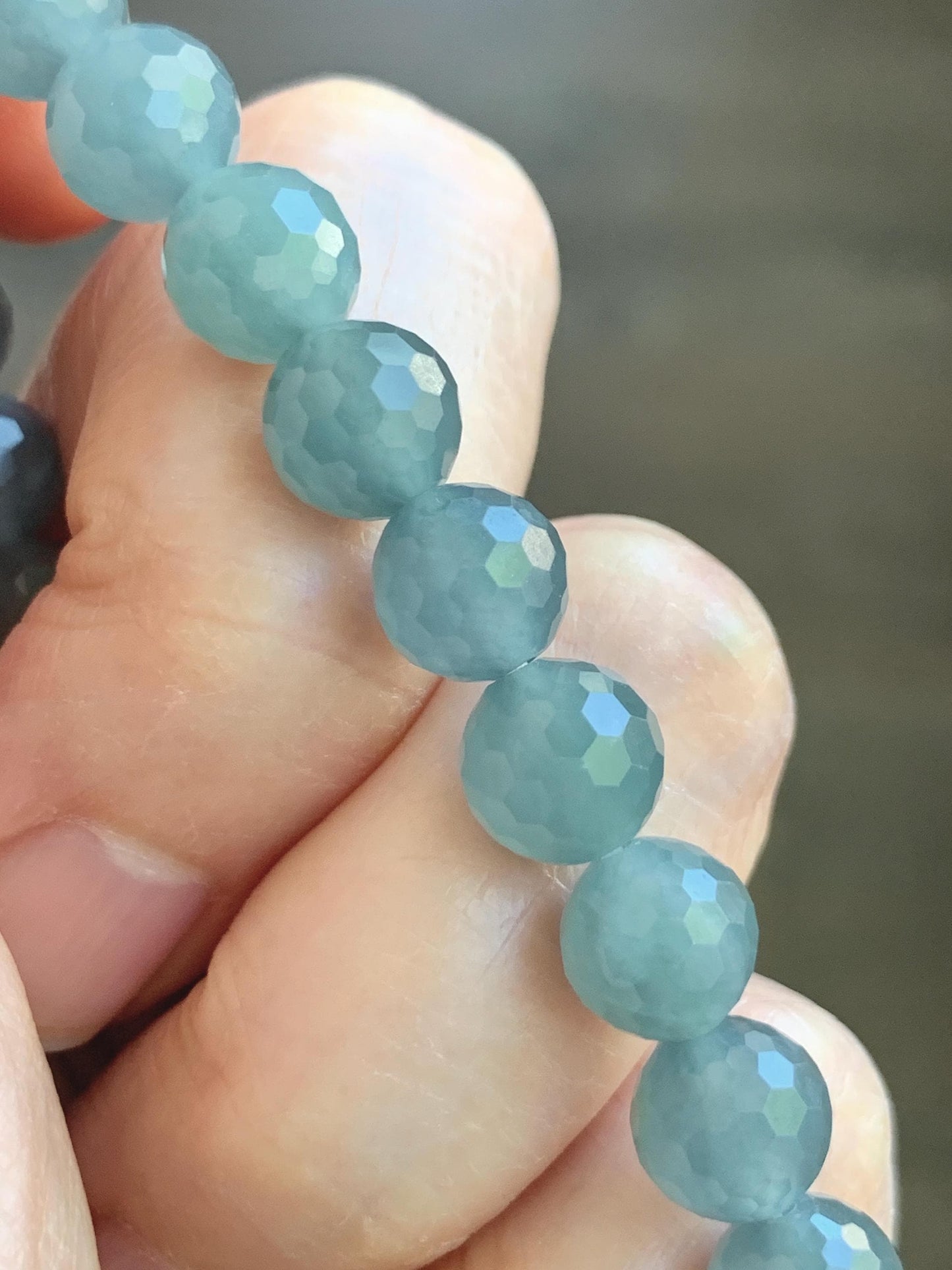 Natural Guatemalan Grade A Icy Translucent Dusty Blue Faceted Jade Jadeite Beaded Bracelet 8mm 7" 19g 天然冰危蓝翡翠切割面圆珠手串 WQG100E