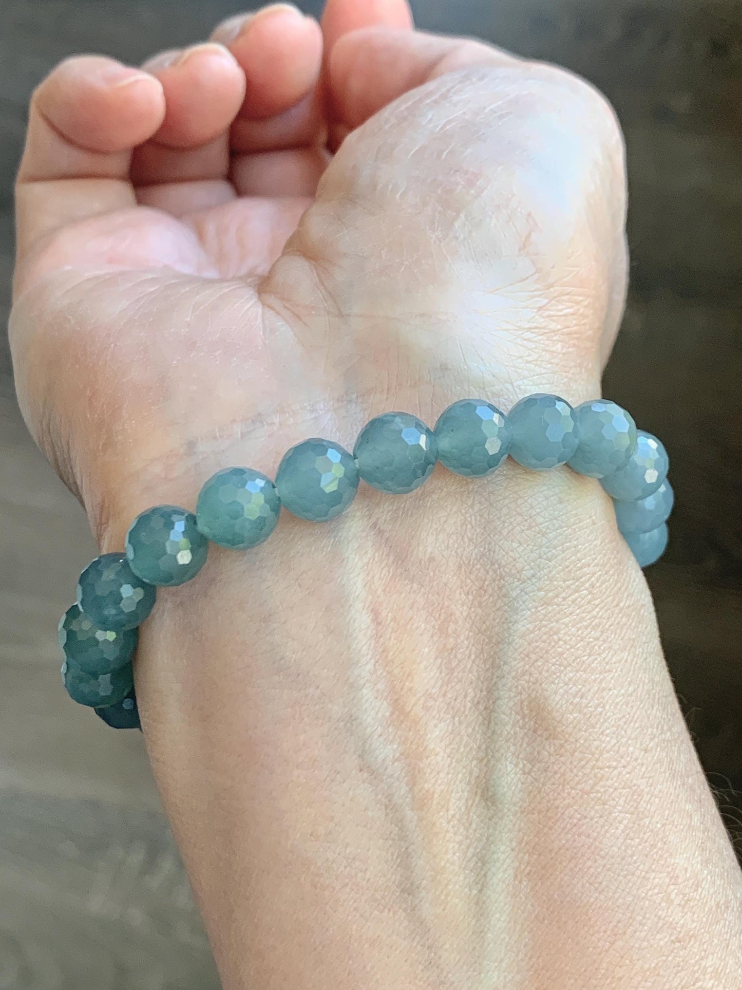 Natural Guatemalan Grade A Icy Translucent Dusty Blue Faceted Jade Jadeite Beaded Bracelet 8mm 7" 19g 天然冰危蓝翡翠切割面圆珠手串 WQG100E