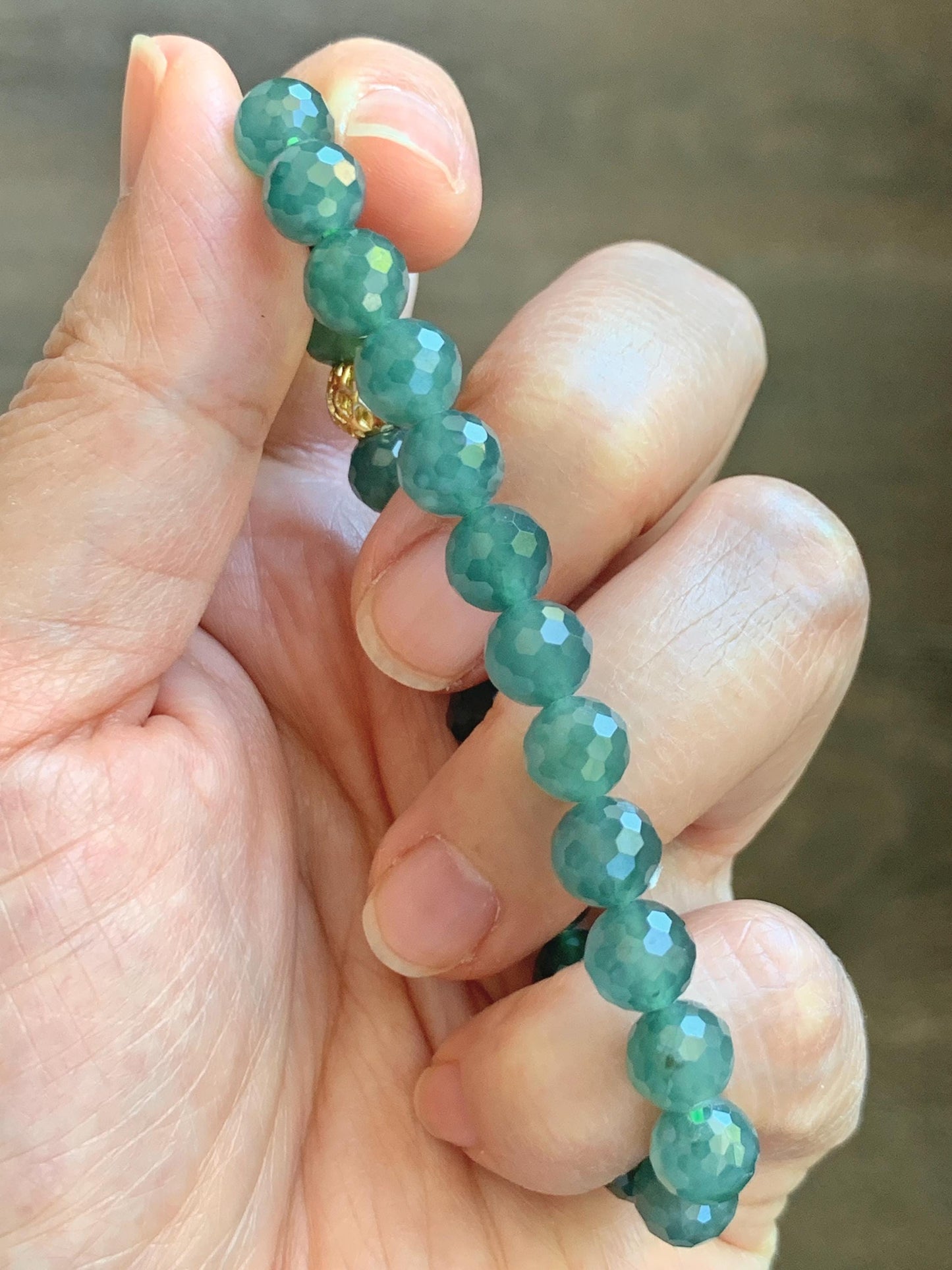 Natural Guatemalan Grade A Icy Translucent Dusty Teal Green Faceted Jade Jadeite Beaded Bracelet 7.5mm 7” 17g 天然冰危蓝绿翡翠切割面圆珠手串 WQG100F