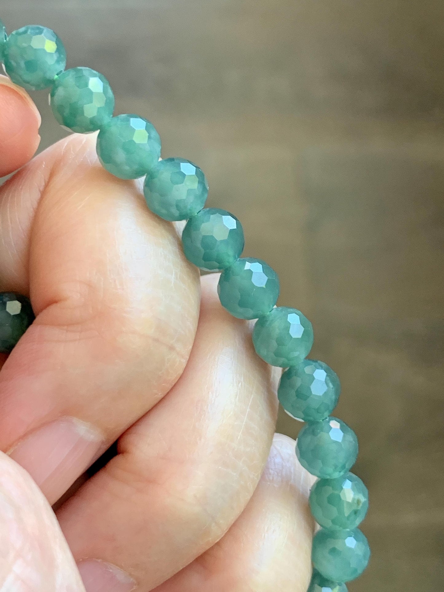 Natural Guatemalan Grade A Icy Translucent Dusty Teal Green Faceted Jade Jadeite Beaded Bracelet 7.5mm 7” 17g 天然冰危蓝绿翡翠切割面圆珠手串 WQG100F