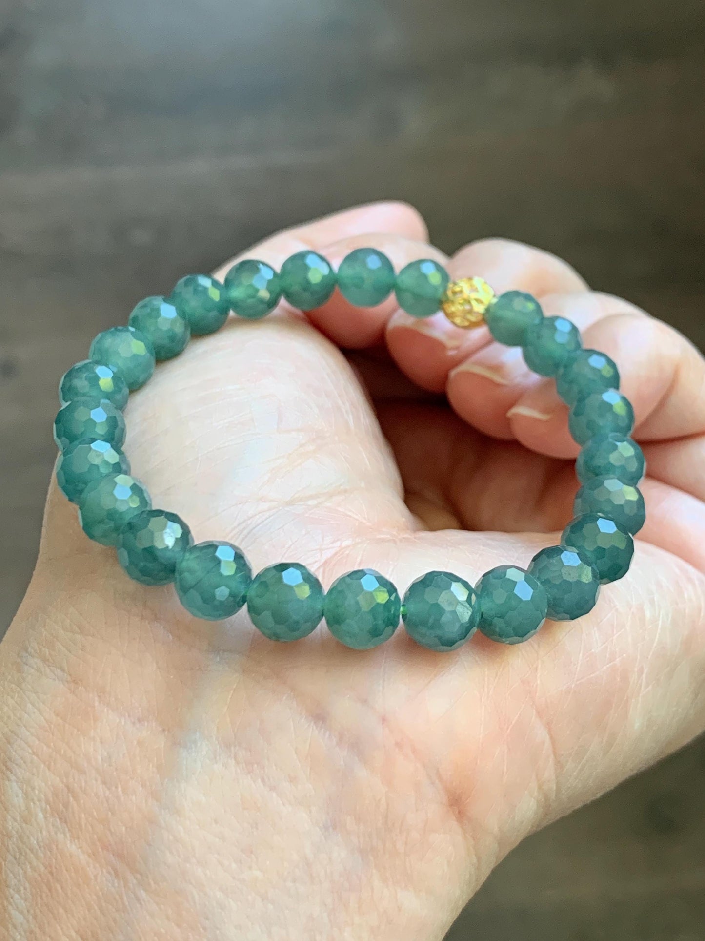 Natural Guatemalan Grade A Icy Translucent Dusty Teal Green Faceted Jade Jadeite Beaded Bracelet 7.5mm 7” 17g 天然冰危蓝绿翡翠切割面圆珠手串 WQG100F