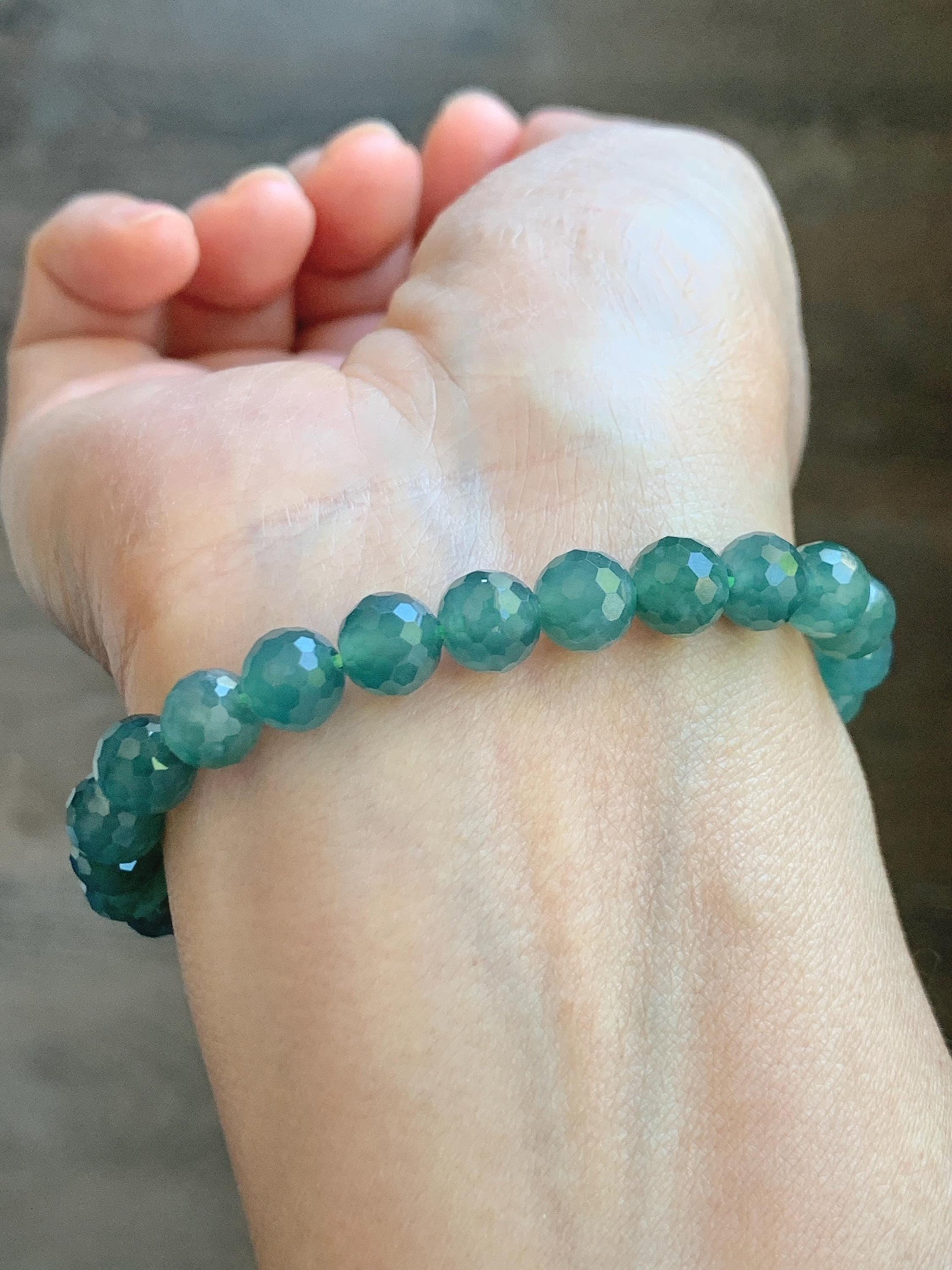 Natural Guatemalan Grade A Icy Translucent Dusty Teal Green Faceted Jade Jadeite Beaded Bracelet 7.5mm 7” 17g 天然冰危蓝绿翡翠切割面圆珠手串 WQG100F