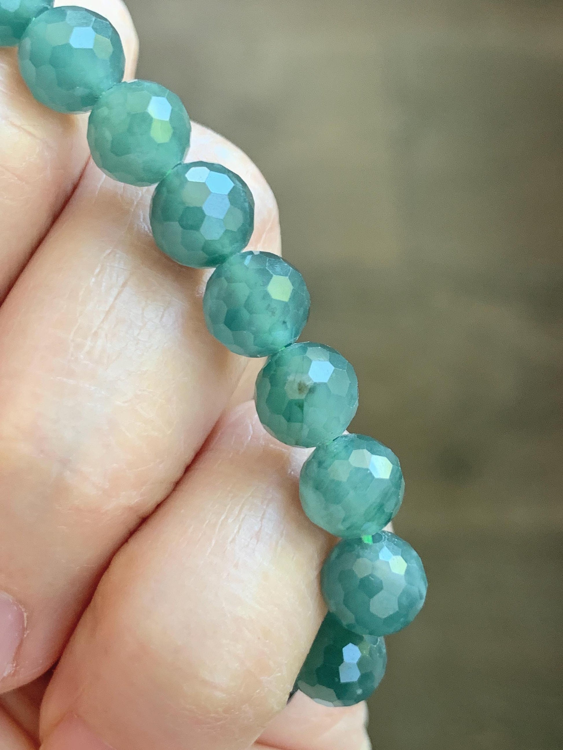 Natural Guatemalan Grade A Icy Translucent Dusty Teal Green Faceted Jade Jadeite Beaded Bracelet 7.5mm 7” 17g 天然冰危蓝绿翡翠切割面圆珠手串 WQG100F