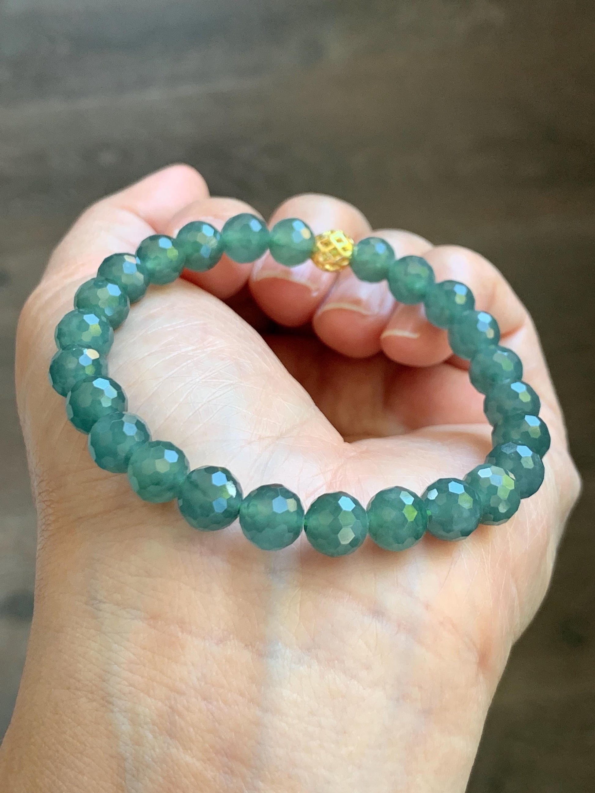Natural Guatemalan Grade A Icy Translucent Dusty Teal Green Faceted Jade Jadeite Beaded Bracelet 7.5mm 7” 17g 天然冰危蓝绿翡翠切割面圆珠手串 WQG100F