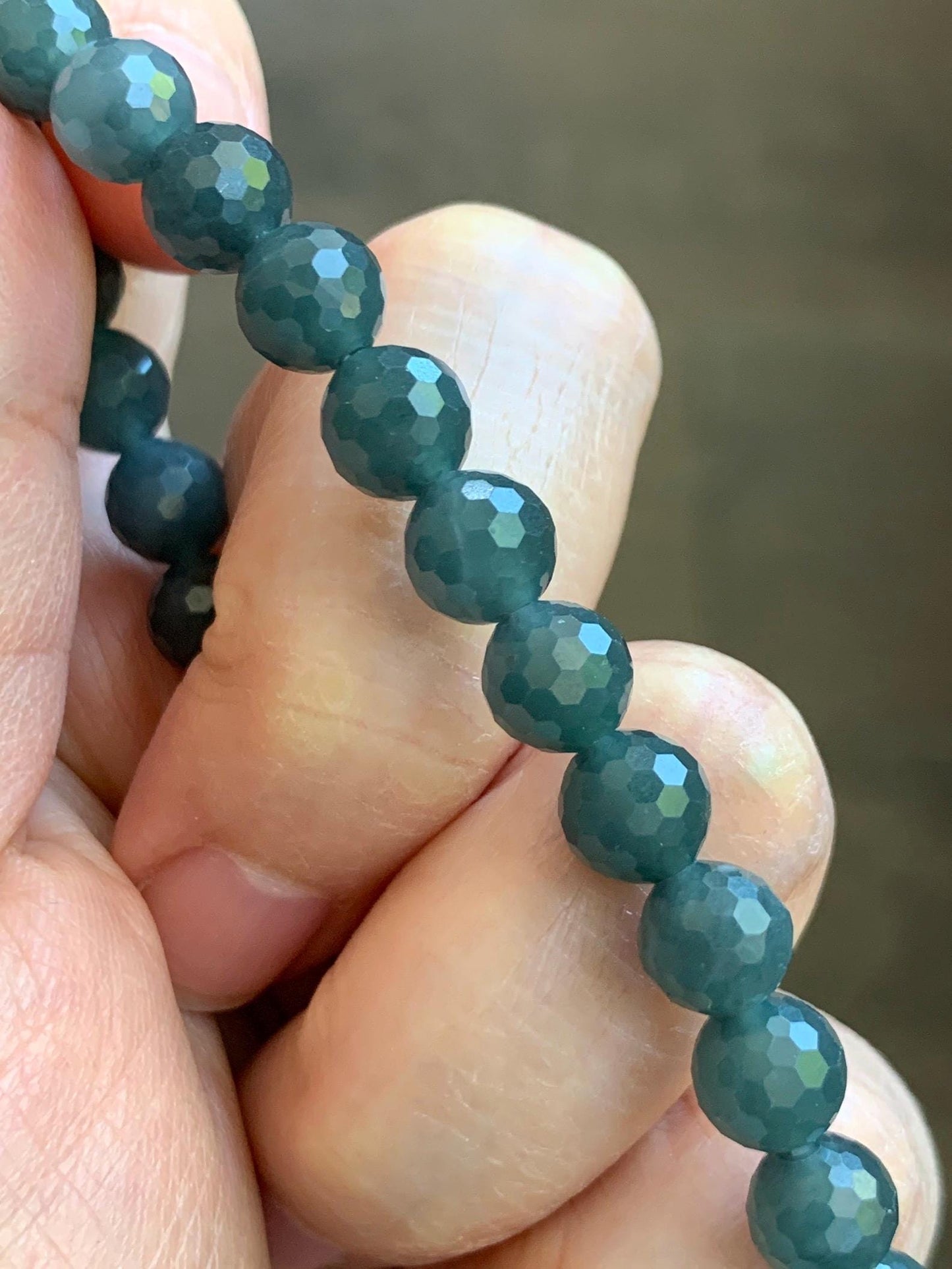 Natural Guatemalan Grade A Icy Translucent Dark Gray Wuji Faceted Jade Jadeite Beaded Bracelet 7.3mm 7.75" 17g 天然冰危乌鸡翡翠切割面圆珠手串 WQG110A