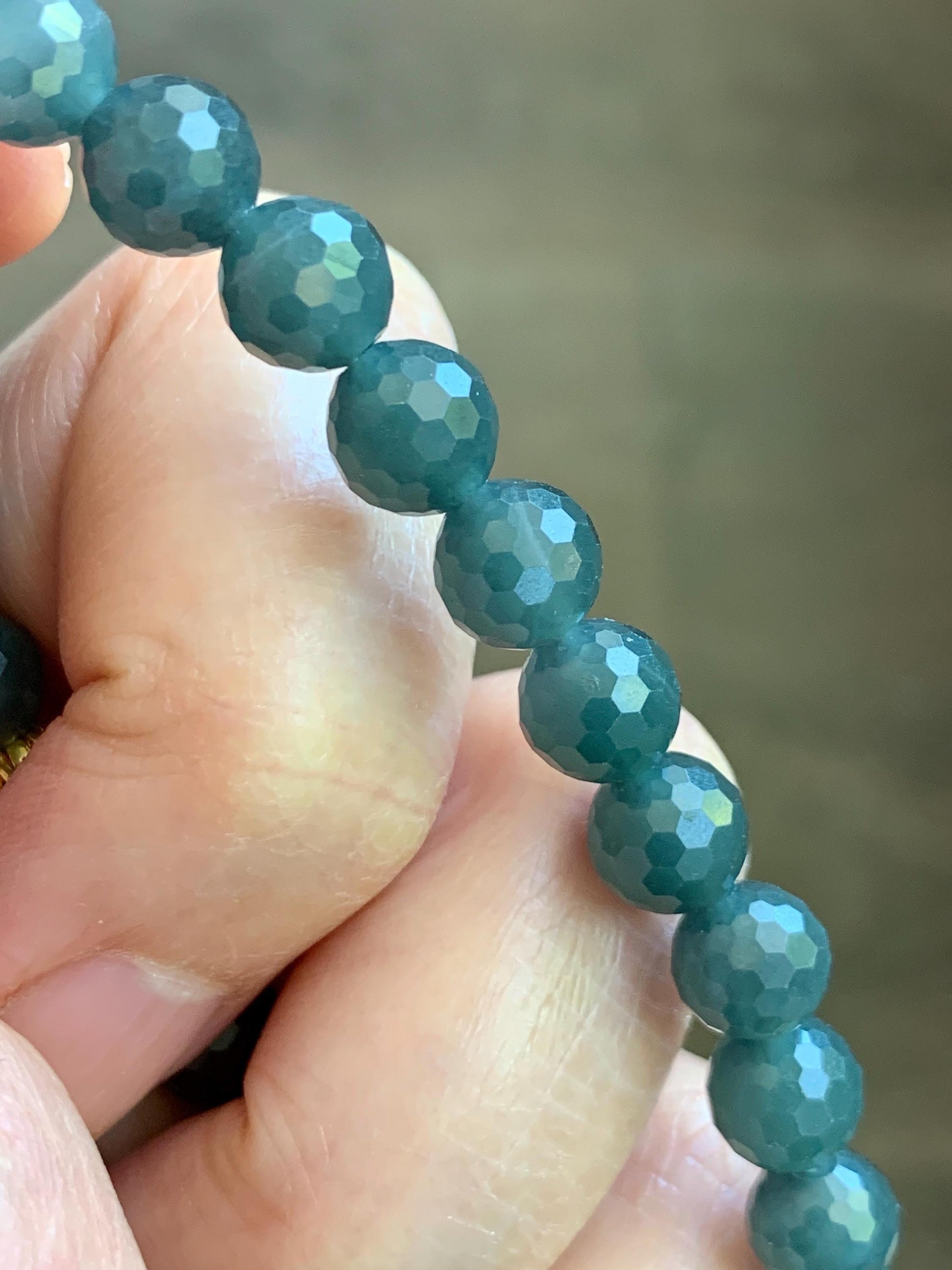 Natural Guatemalan Grade A Icy Translucent Dark Gray Wuji Faceted Jade Jadeite Beaded Bracelet 7.3mm 7.75" 17g 天然冰危乌鸡翡翠切割面圆珠手串 WQG110A