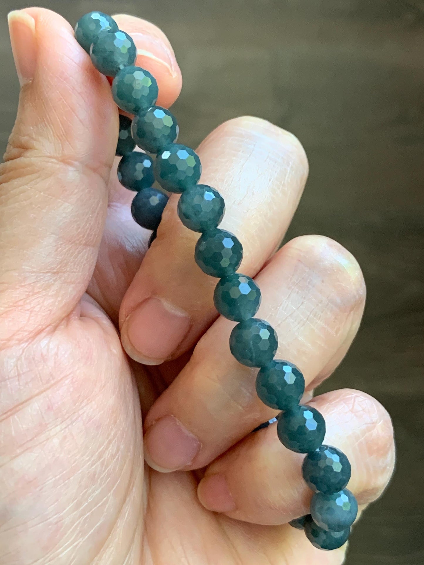 Natural Guatemalan Grade A Icy Translucent Dark Gray Wuji Faceted Jade Jadeite Beaded Bracelet 7.3mm 7.75" 17g 天然冰危乌鸡翡翠切割面圆珠手串 WQG110A