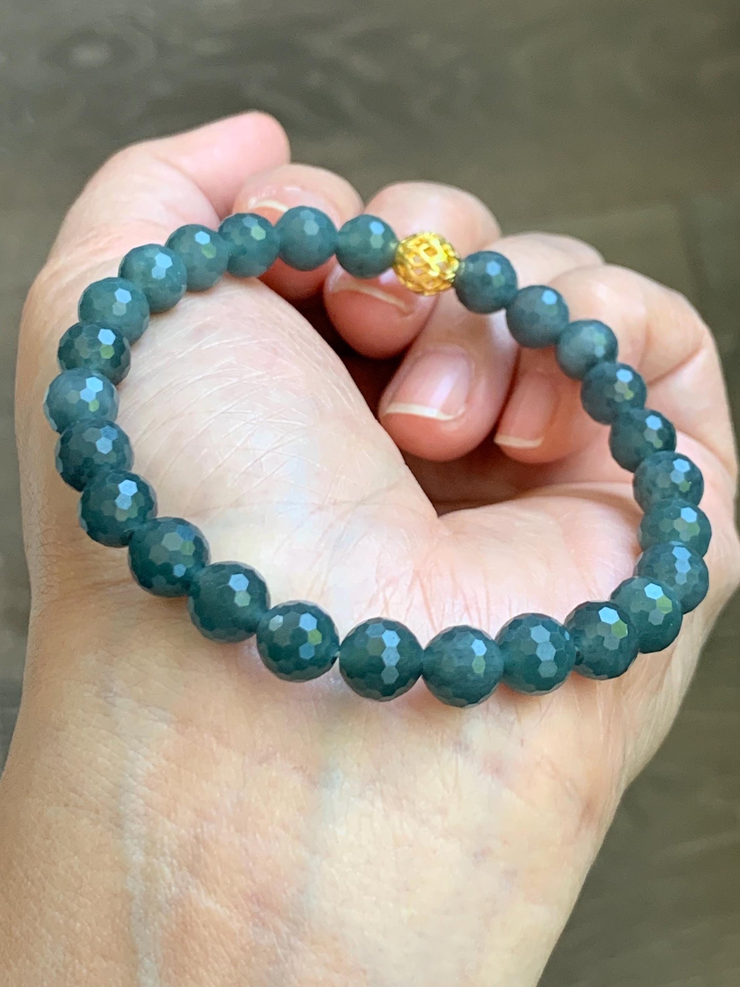 Natural Guatemalan Grade A Icy Translucent Dark Gray Wuji Faceted Jade Jadeite Beaded Bracelet 7.3mm 7.75" 17g 天然冰危乌鸡翡翠切割面圆珠手串 WQG110A