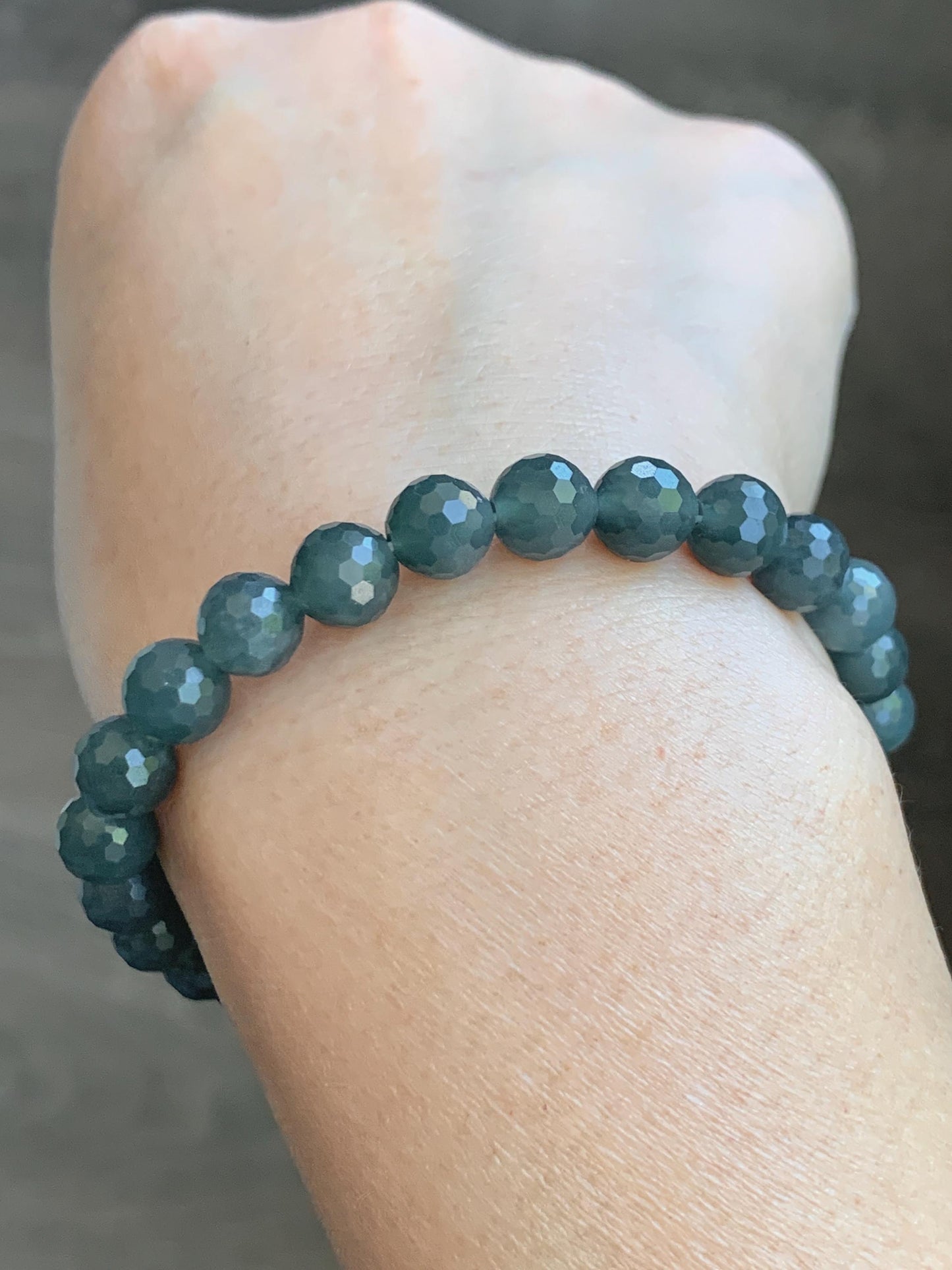 Natural Guatemalan Grade A Icy Translucent Dark Gray Wuji Faceted Jade Jadeite Beaded Bracelet 7.3mm 7.75" 17g 天然冰危乌鸡翡翠切割面圆珠手串 WQG110A