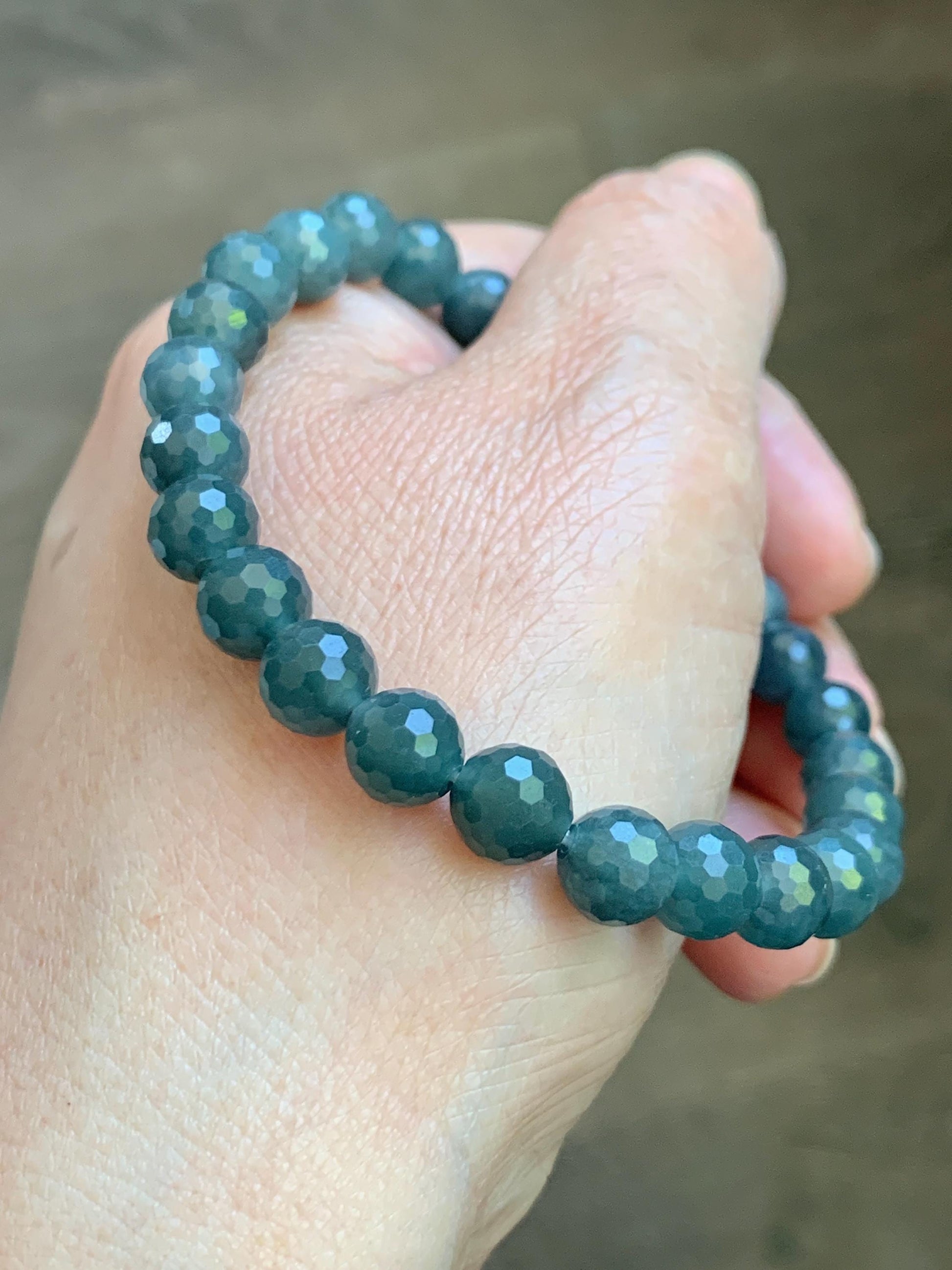 Natural Guatemalan Grade A Icy Translucent Dark Gray Wuji Faceted Jade Jadeite Beaded Bracelet 7.3mm 7.75" 17g 天然冰危乌鸡翡翠切割面圆珠手串 WQG110A