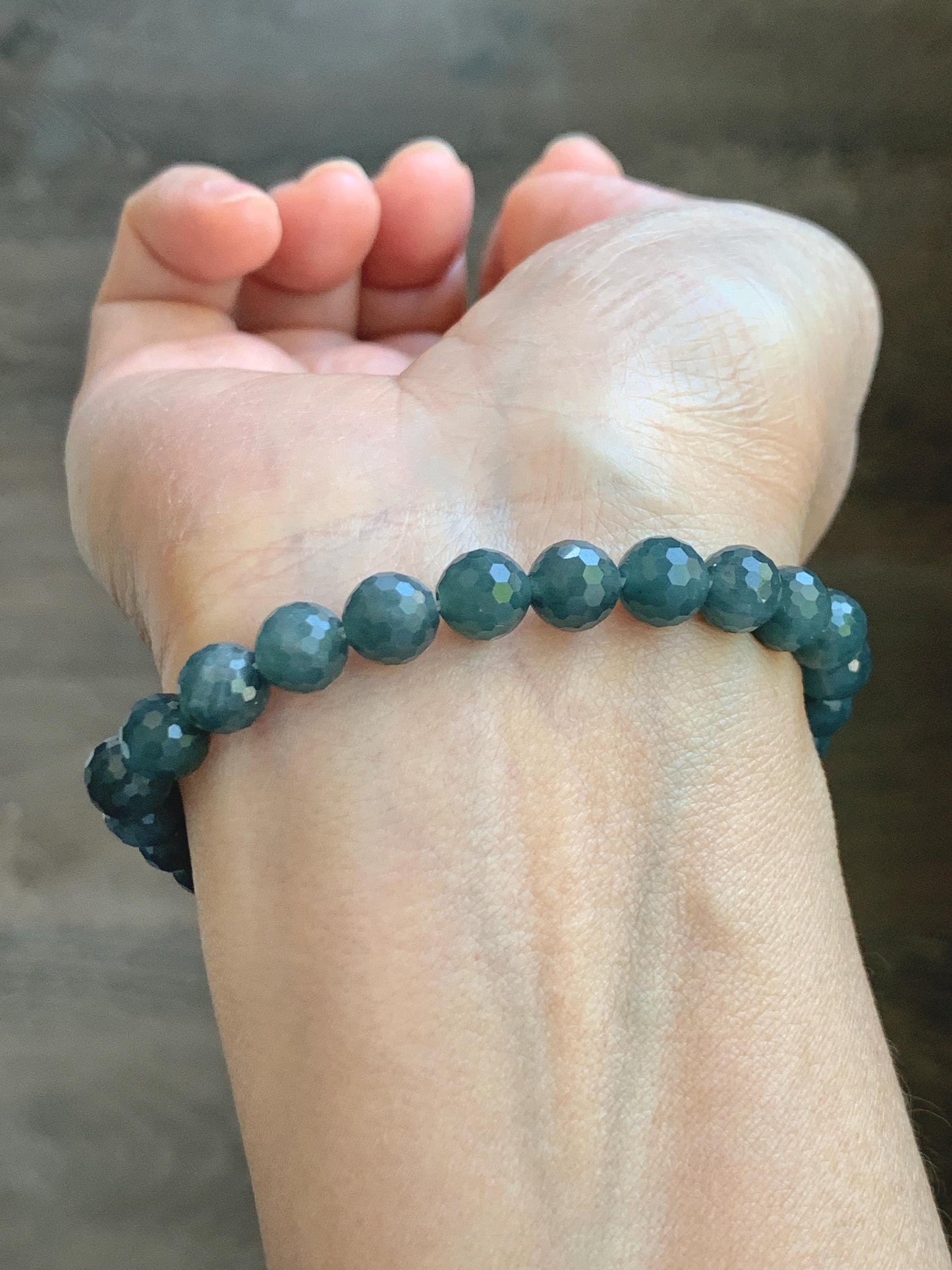 Natural Guatemalan Grade A Icy Translucent Dark Gray Wuji Faceted Jade Jadeite Beaded Bracelet 7.3mm 7.75" 17g 天然冰危乌鸡翡翠切割面圆珠手串 WQG110A