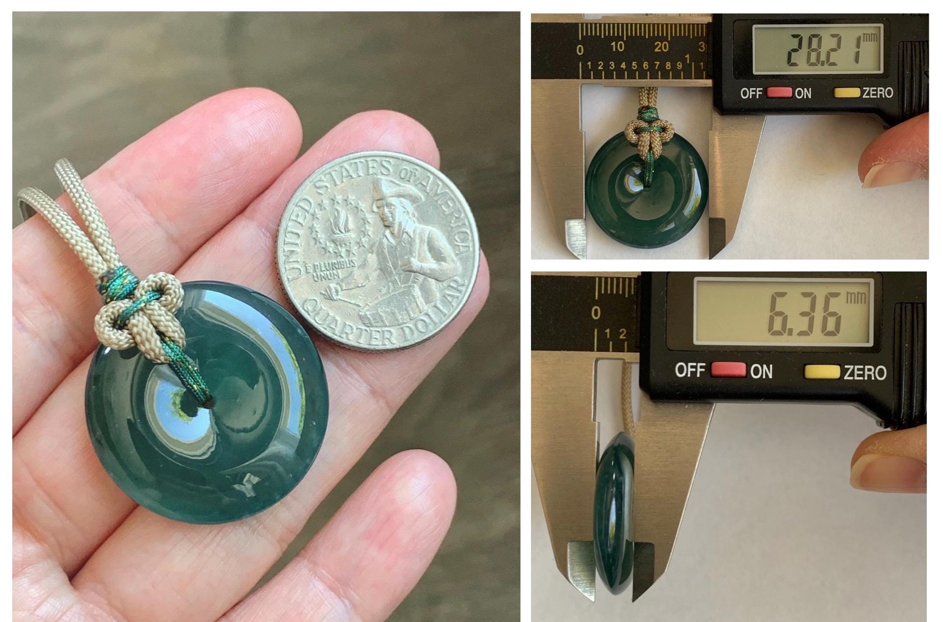 Natural Grade A Guatemalan Icy Translucent Dark Teal Green Jade Jadeite Ping An Kou Donut Pendant Rope Necklace 25" 12g 天然冰胶危深绿翡翠平安扣吊坠WSU280