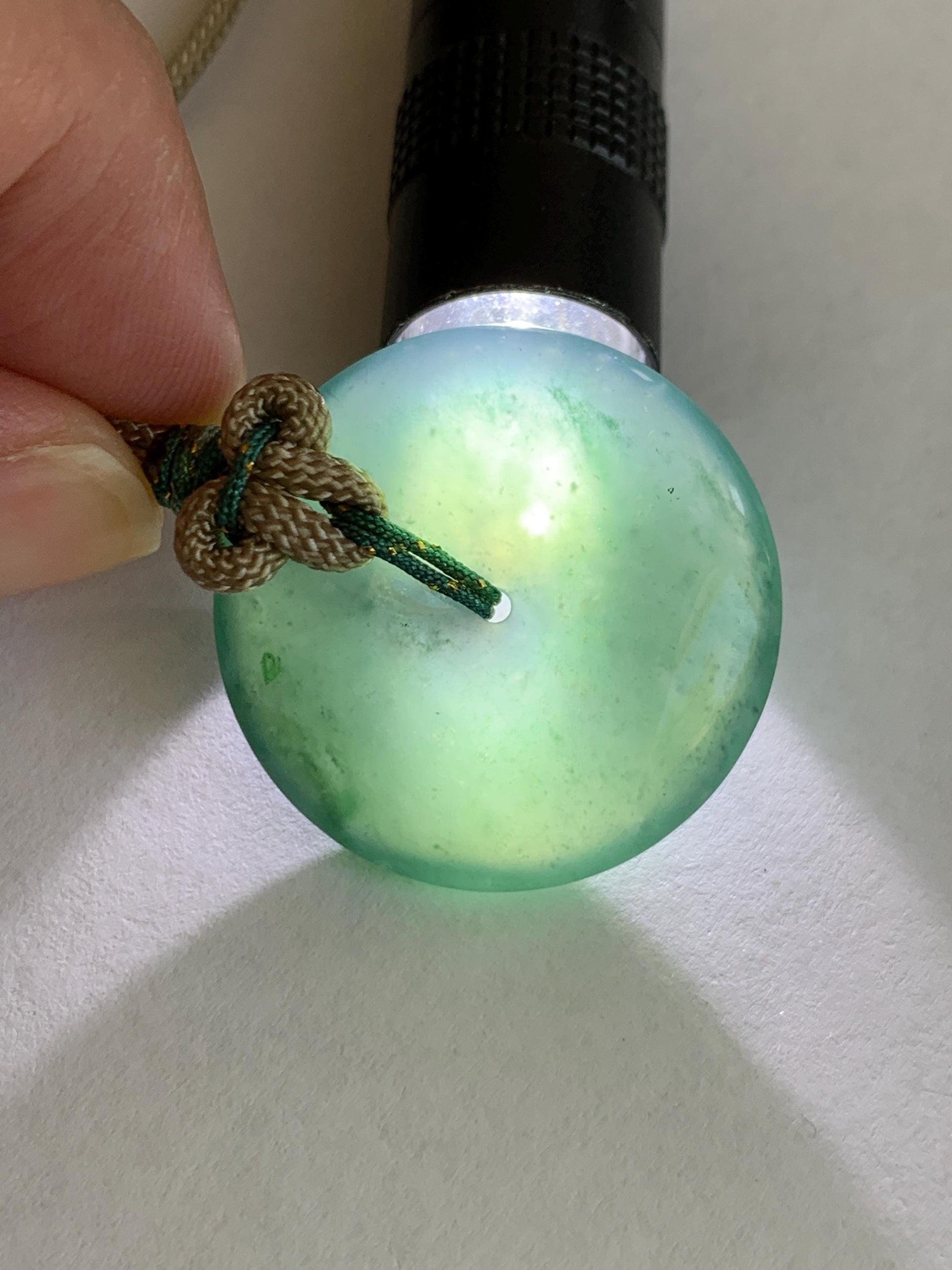 Natural Grade A Guatemalan Icy Translucent Dark Teal Green Jade Jadeite Ping An Kou Donut Pendant Rope Necklace 25" 12g 天然冰胶危深绿翡翠平安扣吊坠WSU280