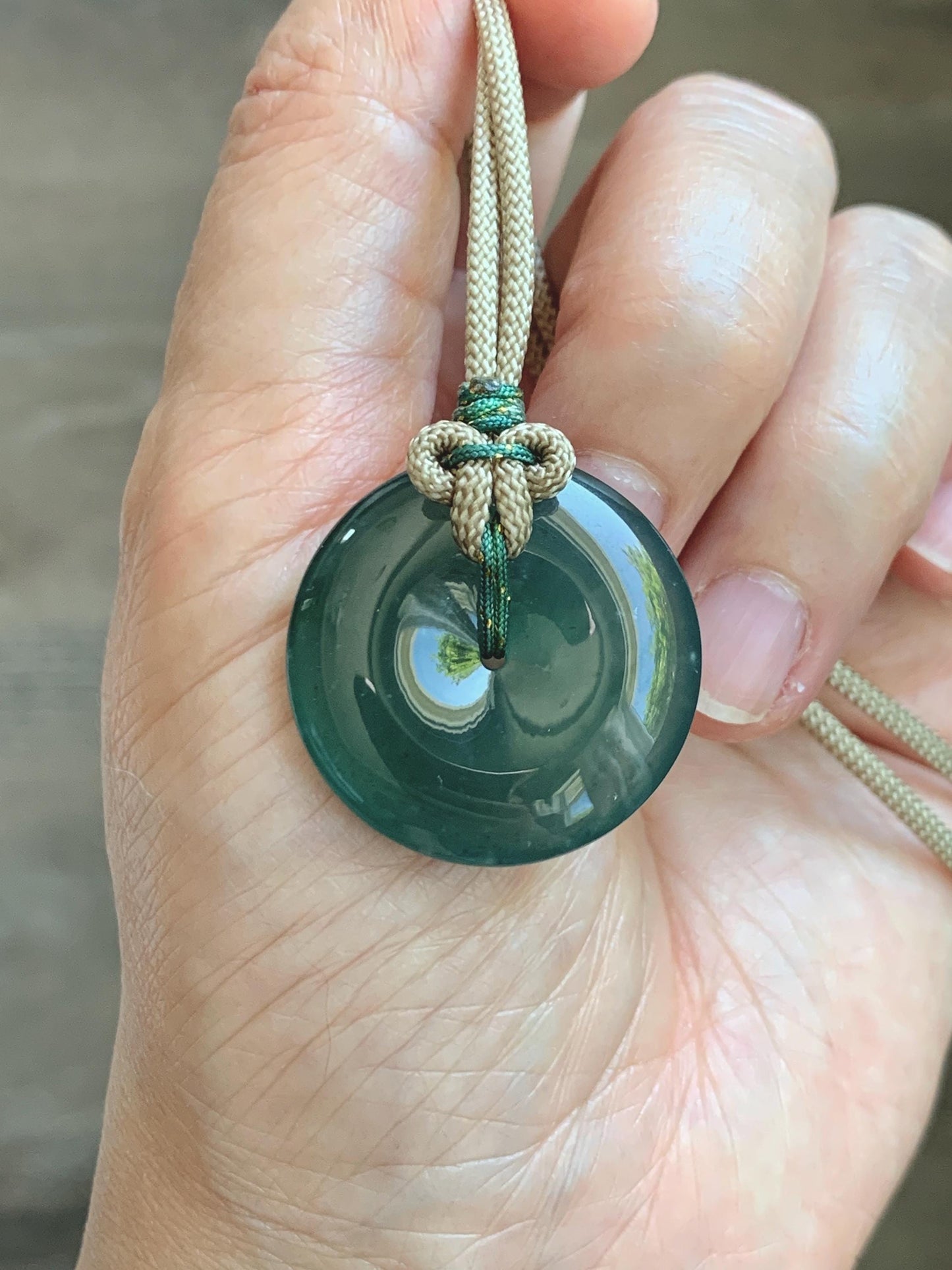 Natural Grade A Guatemalan Icy Translucent Dark Teal Green Jade Jadeite Ping An Kou Donut Pendant Rope Necklace 25" 12g 天然冰胶危深绿翡翠平安扣吊坠WSU280