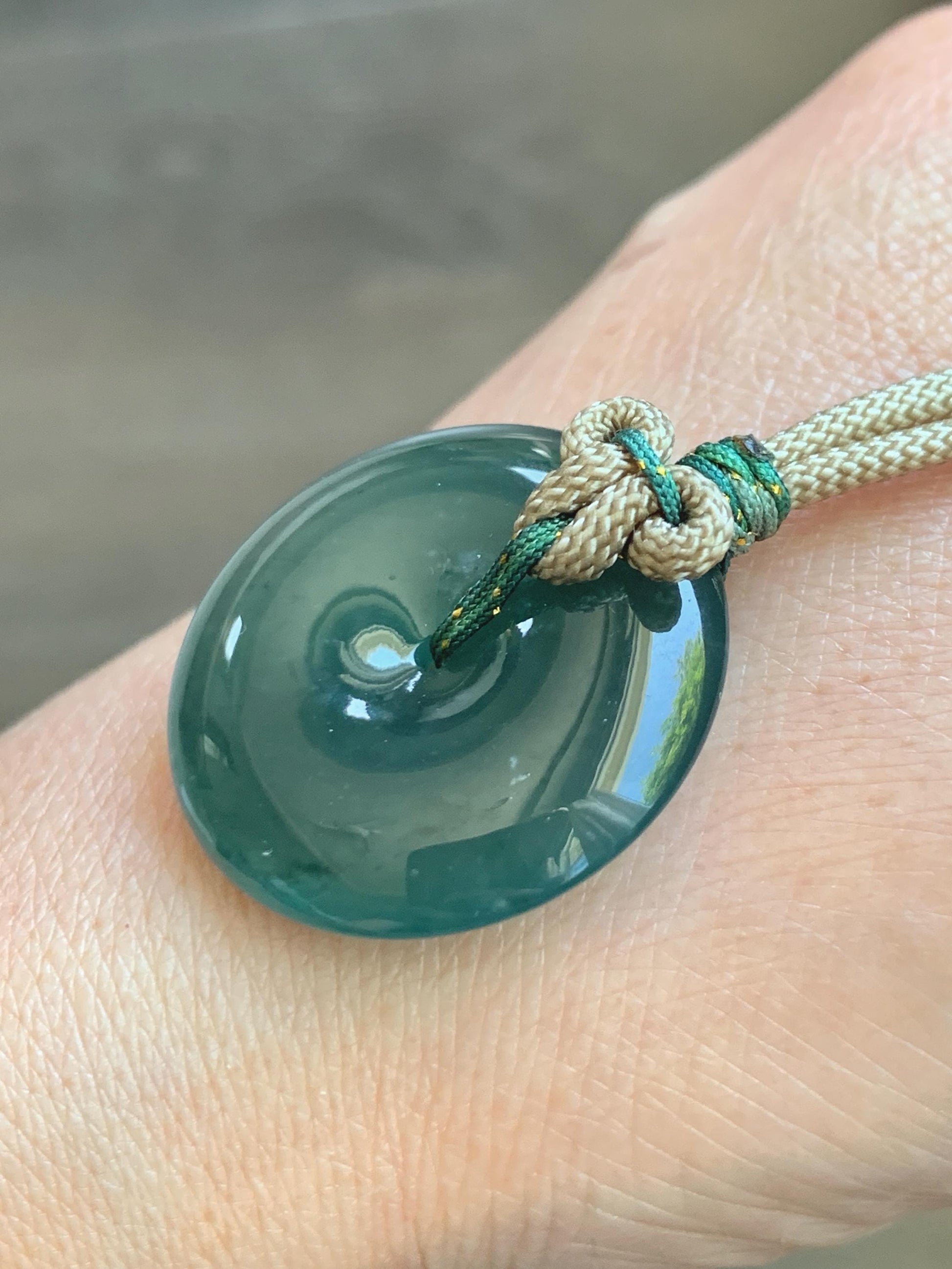 Natural Grade A Guatemalan Icy Translucent Dark Teal Green Jade Jadeite Ping An Kou Donut Pendant Rope Necklace 25" 12g 天然冰胶危深绿翡翠平安扣吊坠WSU280