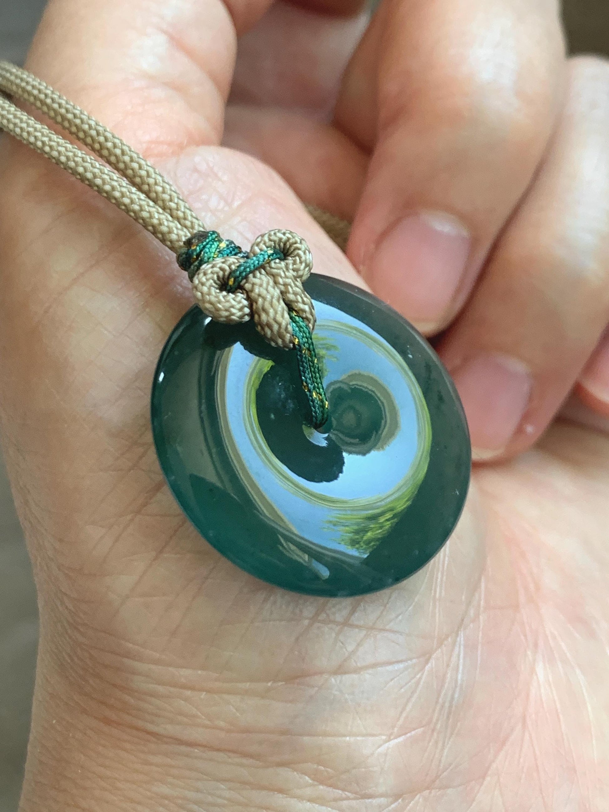 Natural Grade A Guatemalan Icy Translucent Dark Teal Green Jade Jadeite Ping An Kou Donut Pendant Rope Necklace 25" 12g 天然冰胶危深绿翡翠平安扣吊坠WSU280