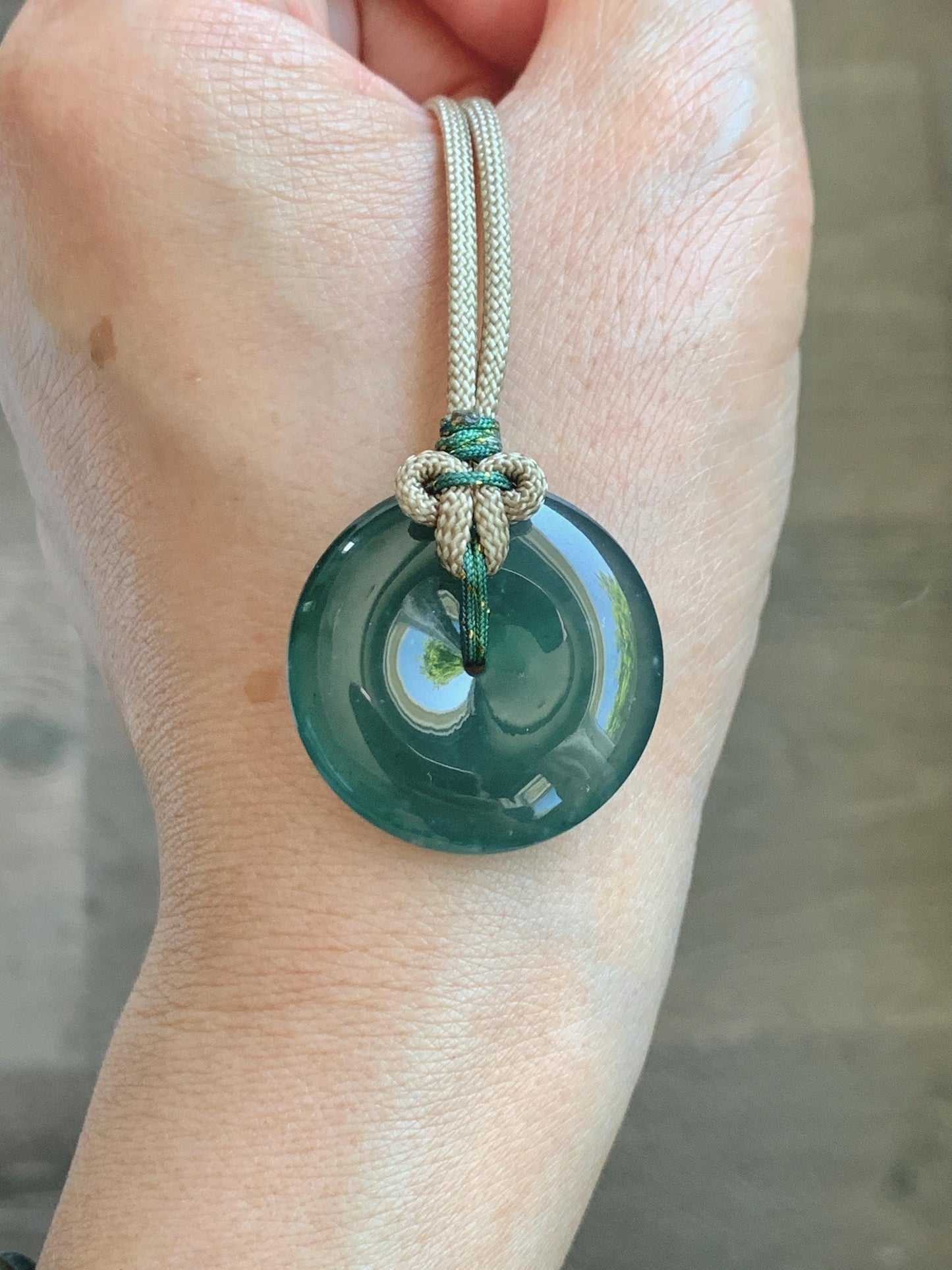 Natural Grade A Guatemalan Icy Translucent Dark Teal Green Jade Jadeite Ping An Kou Donut Pendant Rope Necklace 25" 12g 天然冰胶危深绿翡翠平安扣吊坠WSU280