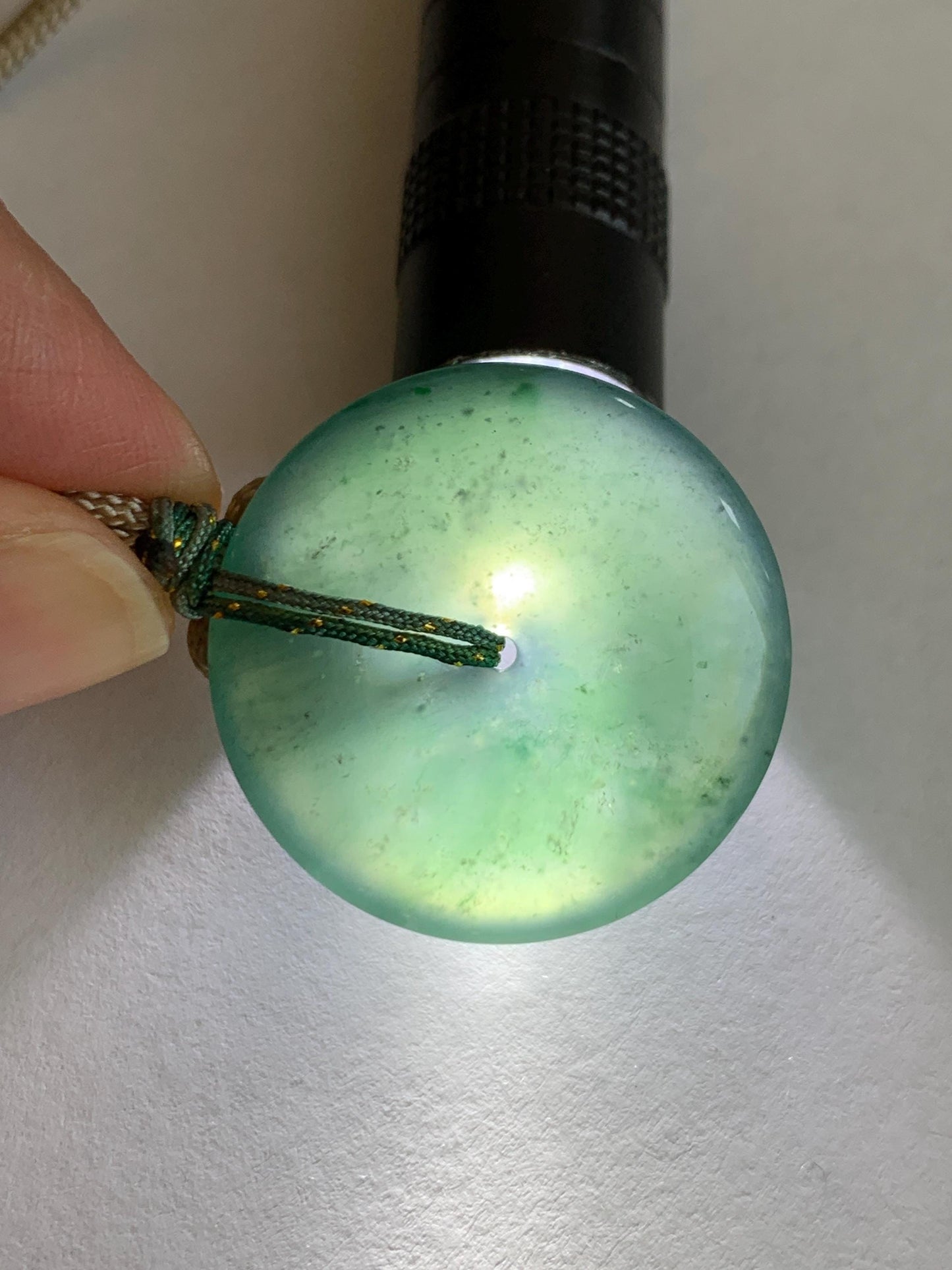 Natural Grade A Guatemalan Icy Translucent Dark Teal Green Jade Jadeite Ping An Kou Donut Pendant Rope Necklace 25" 12g 天然冰胶危深绿翡翠平安扣吊坠WSU280