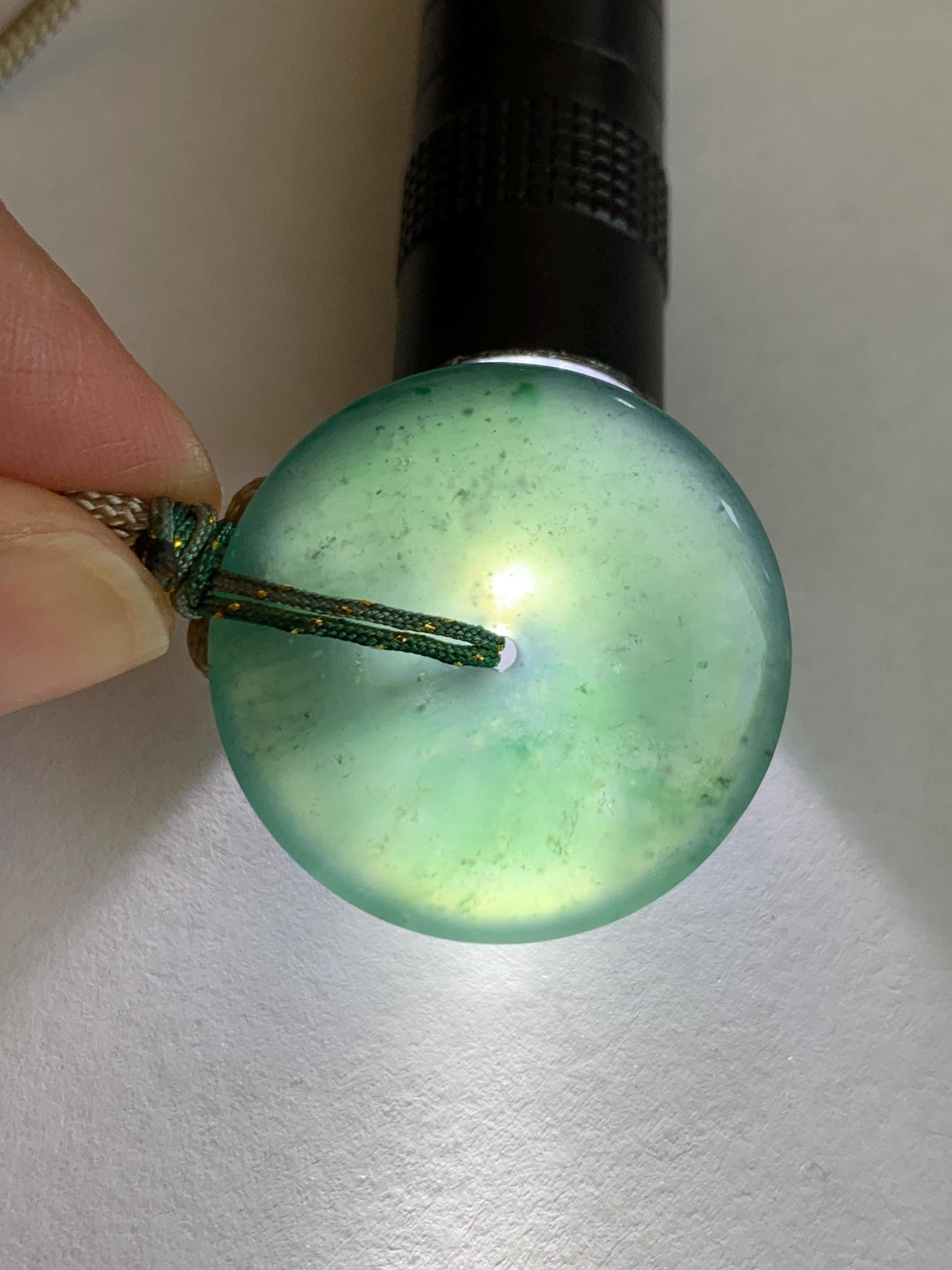 Natural Grade A Guatemalan Icy Translucent Dark Teal Green Jade Jadeite Ping An Kou Donut Pendant Rope Necklace 25" 12g 天然冰胶危深绿翡翠平安扣吊坠WSU280