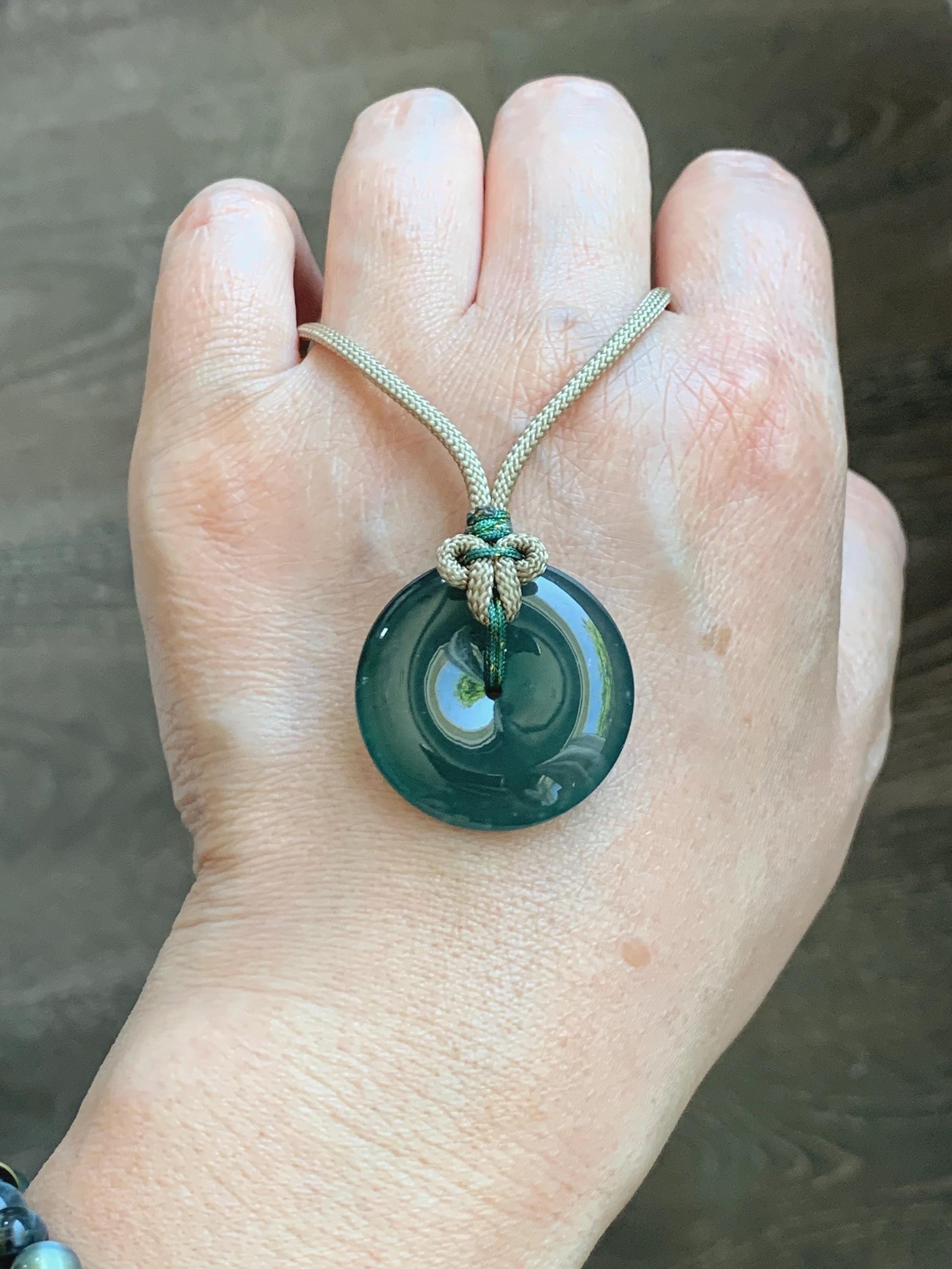 Natural Grade A Guatemalan Icy Translucent Dark Teal Green Jade Jadeite Ping An Kou Donut Pendant Rope Necklace 25" 12g 天然冰胶危深绿翡翠平安扣吊坠WSU280