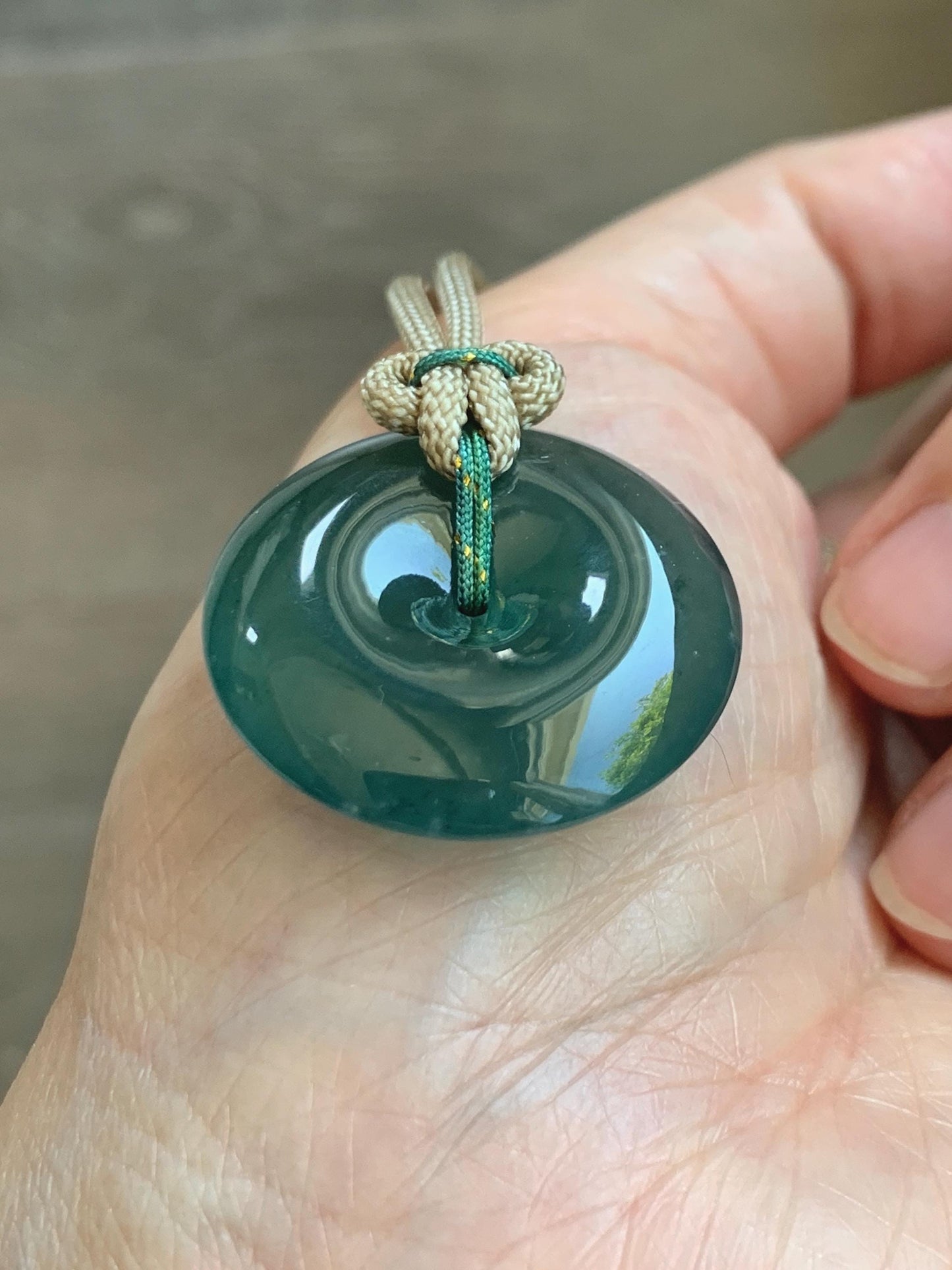 Natural Grade A Guatemalan Icy Translucent Dark Teal Green Jade Jadeite Ping An Kou Donut Pendant Rope Necklace 25" 12g 天然冰胶危深绿翡翠平安扣吊坠WSU280