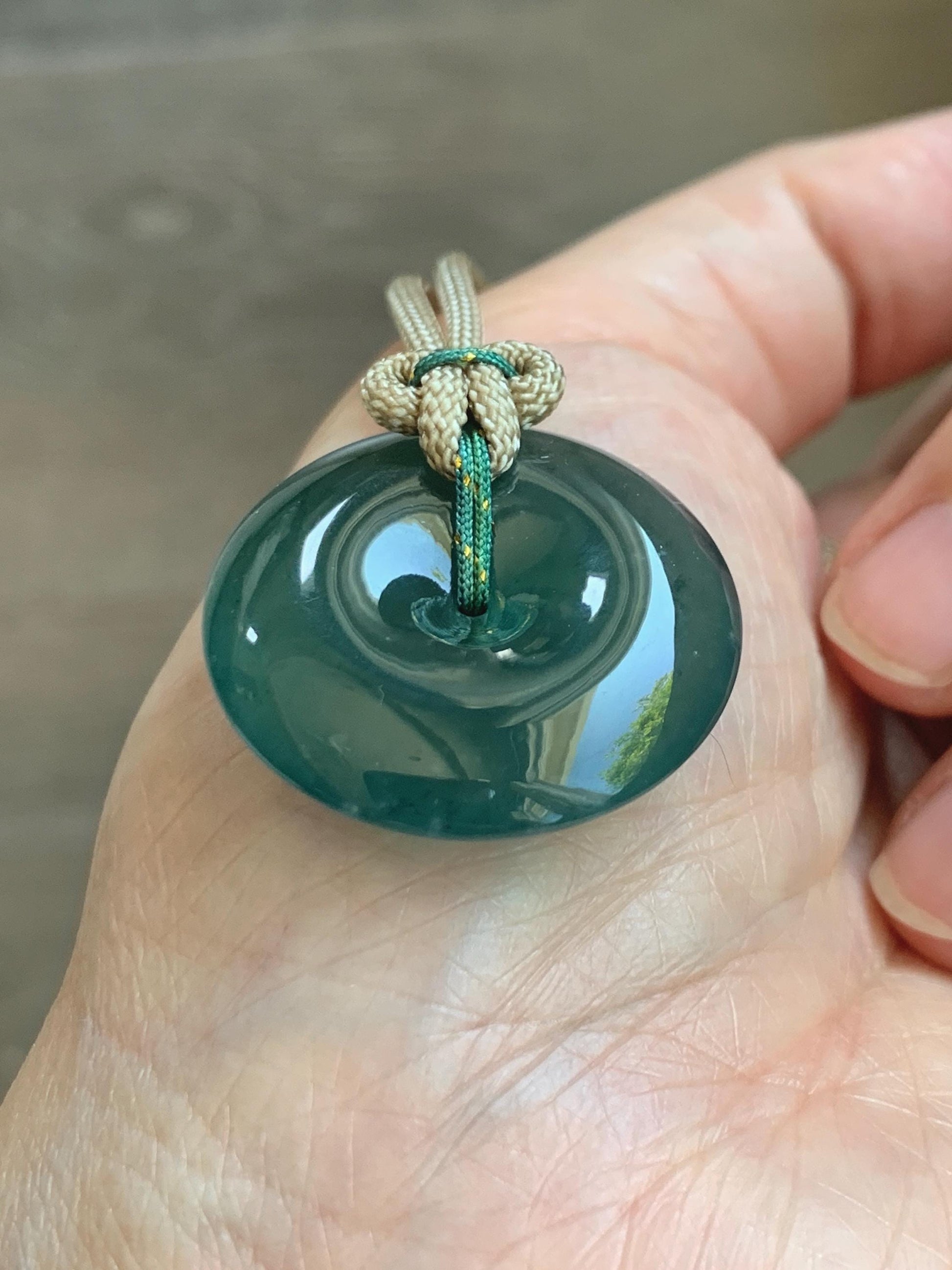Natural Grade A Guatemalan Icy Translucent Dark Teal Green Jade Jadeite Ping An Kou Donut Pendant Rope Necklace 25" 12g 天然冰胶危深绿翡翠平安扣吊坠WSU280
