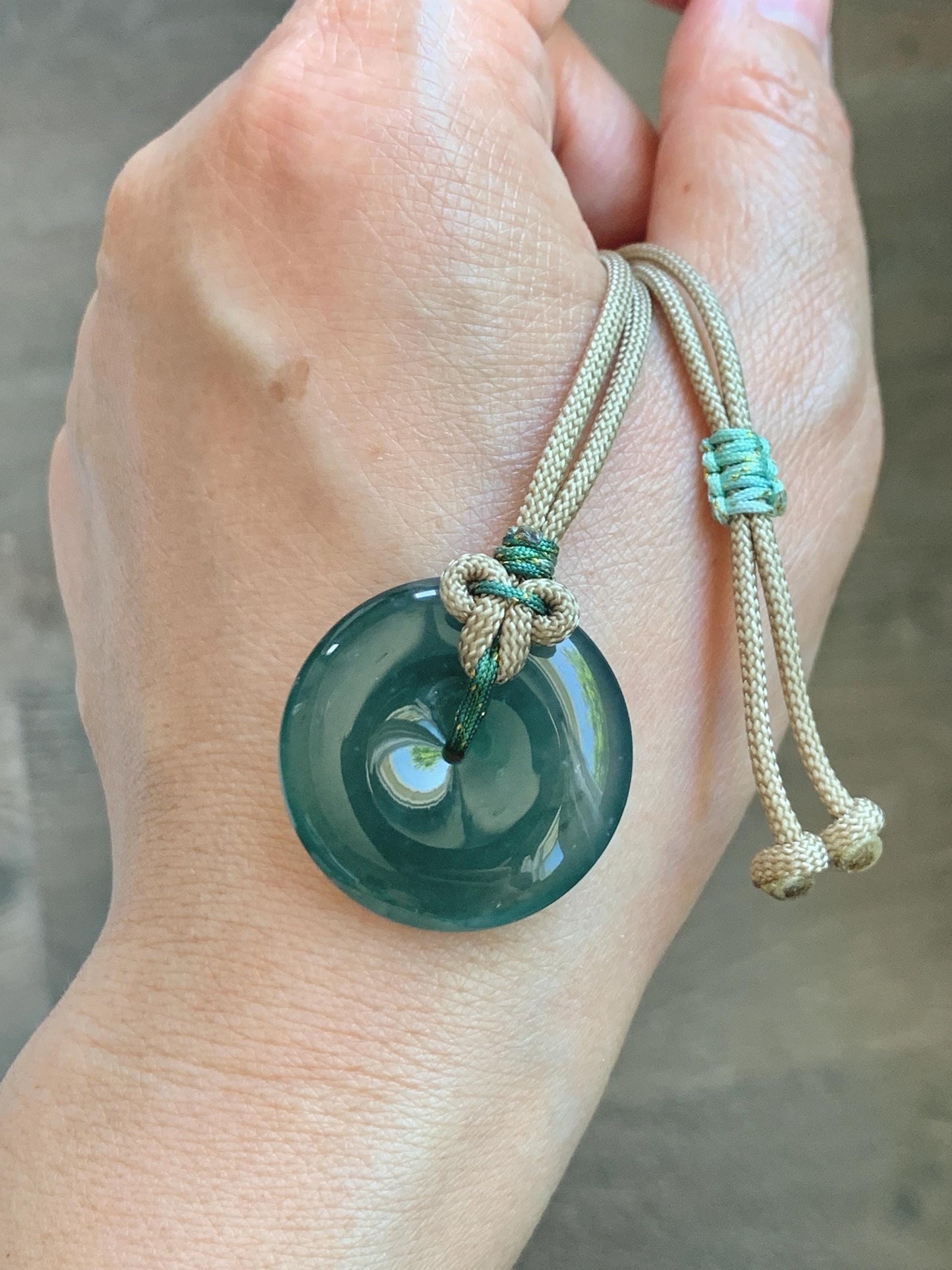 Natural Grade A Guatemalan Icy Translucent Dark Teal Green Jade Jadeite Ping An Kou Donut Pendant Rope Necklace 25" 12g 天然冰胶危深绿翡翠平安扣吊坠WSU280