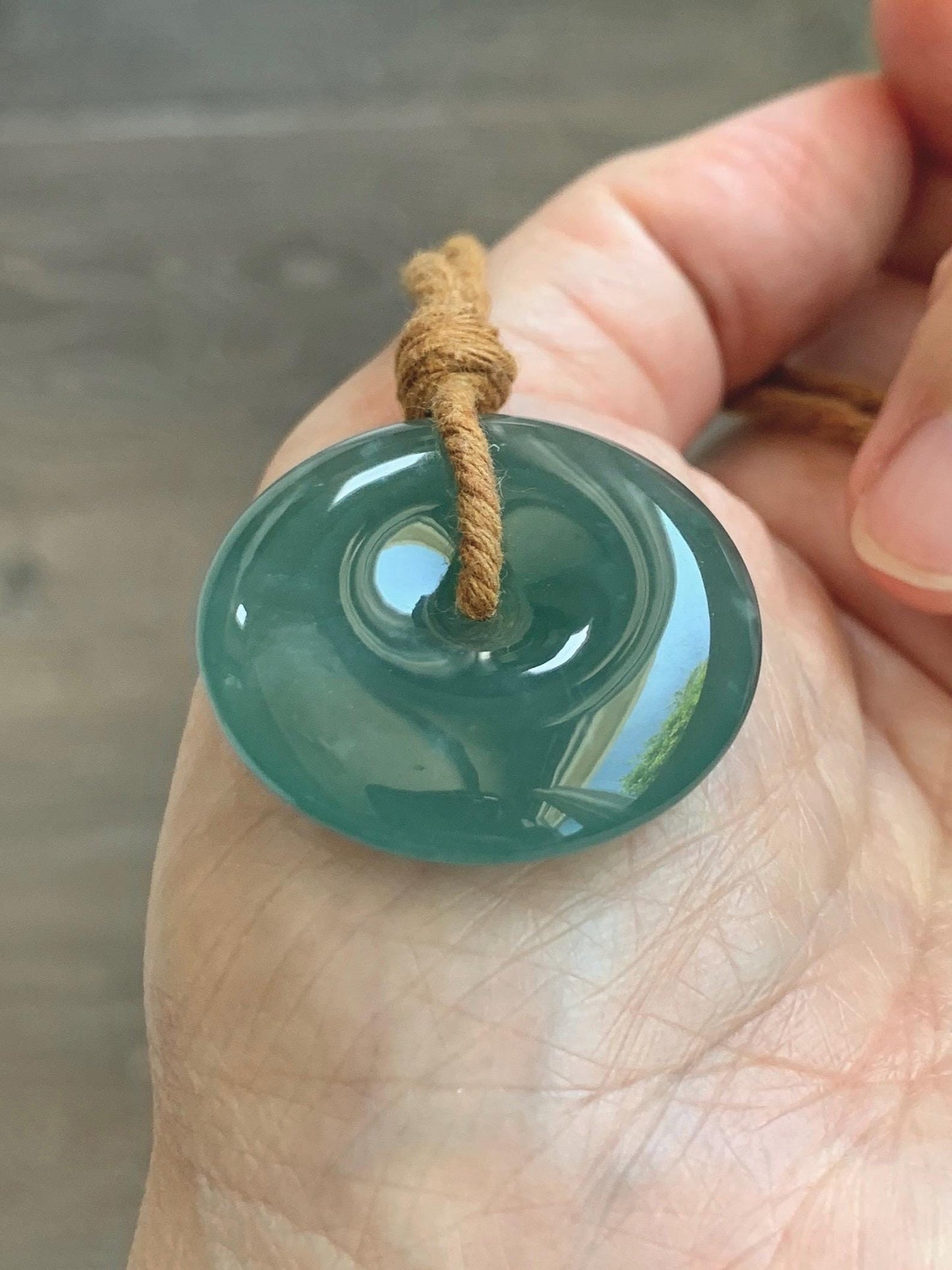 Natural Grade A Guatemalan Icy Translucent Dark Teal Blue Jade Jadeite Ping An Kou Donut Pendant Rope Necklace 25" 天然冰胶危深蓝绿翡翠平安扣吊坠 WSB660A