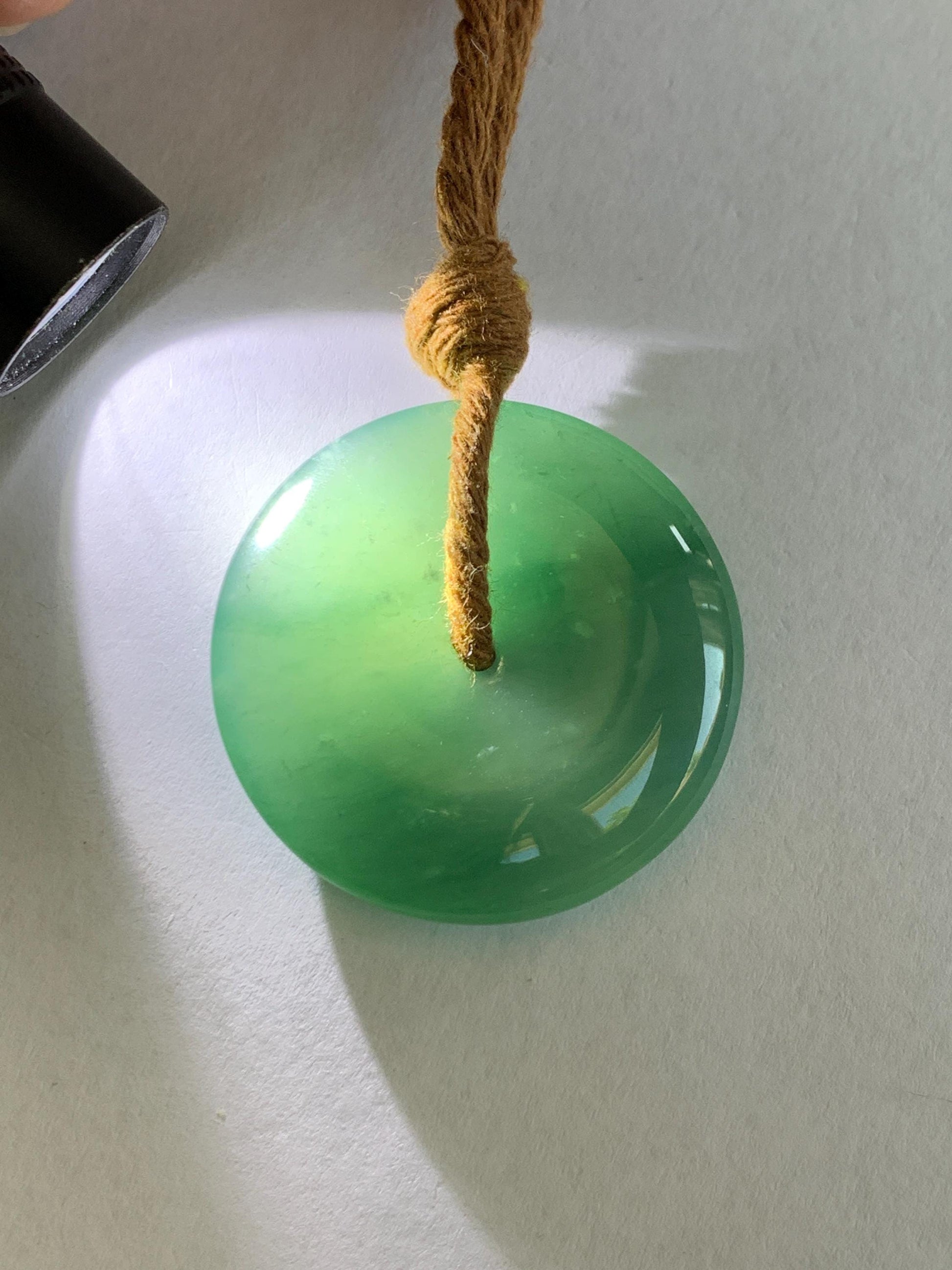 Natural Grade A Guatemalan Icy Translucent Dark Teal Blue Jade Jadeite Ping An Kou Donut Pendant Rope Necklace 25" 天然冰胶危深蓝绿翡翠平安扣吊坠 WSB660A