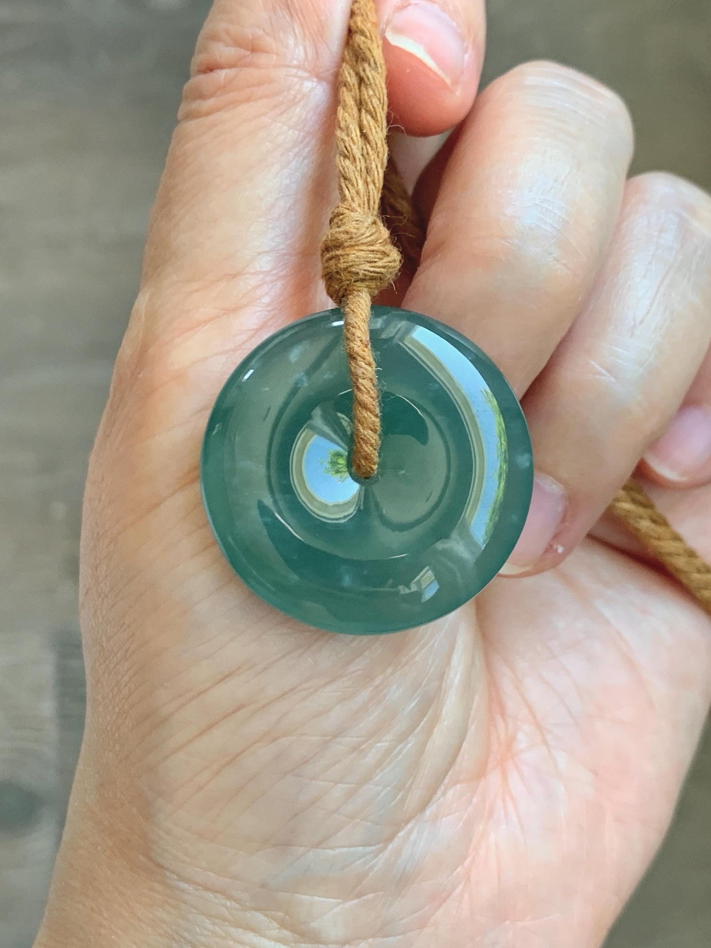 Natural Grade A Guatemalan Icy Translucent Dark Teal Blue Jade Jadeite Ping An Kou Donut Pendant Rope Necklace 25" 天然冰胶危深蓝绿翡翠平安扣吊坠 WSB660A