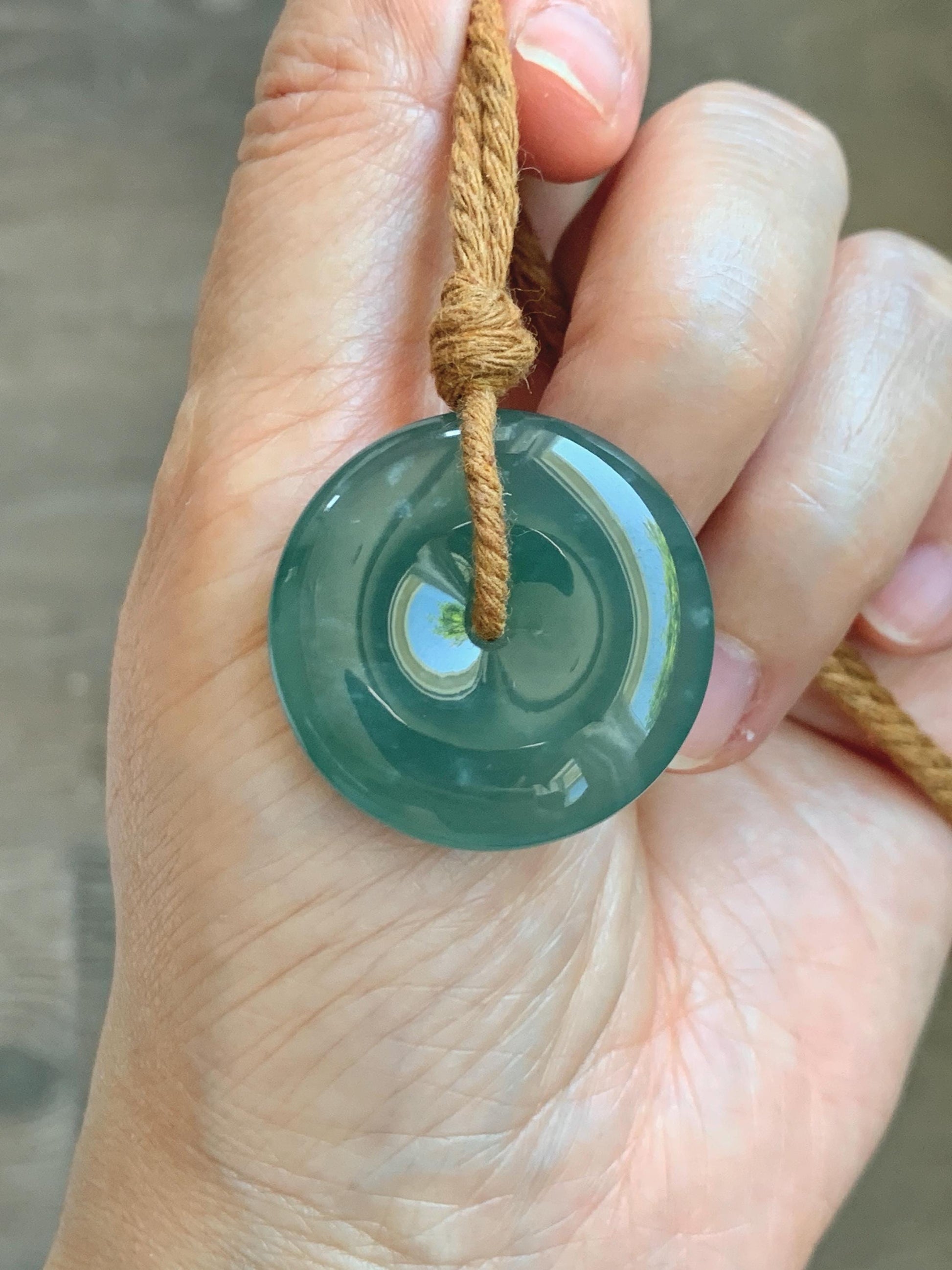 Natural Grade A Guatemalan Icy Translucent Dark Teal Blue Jade Jadeite Ping An Kou Donut Pendant Rope Necklace 25" 天然冰胶危深蓝绿翡翠平安扣吊坠 WSB660A