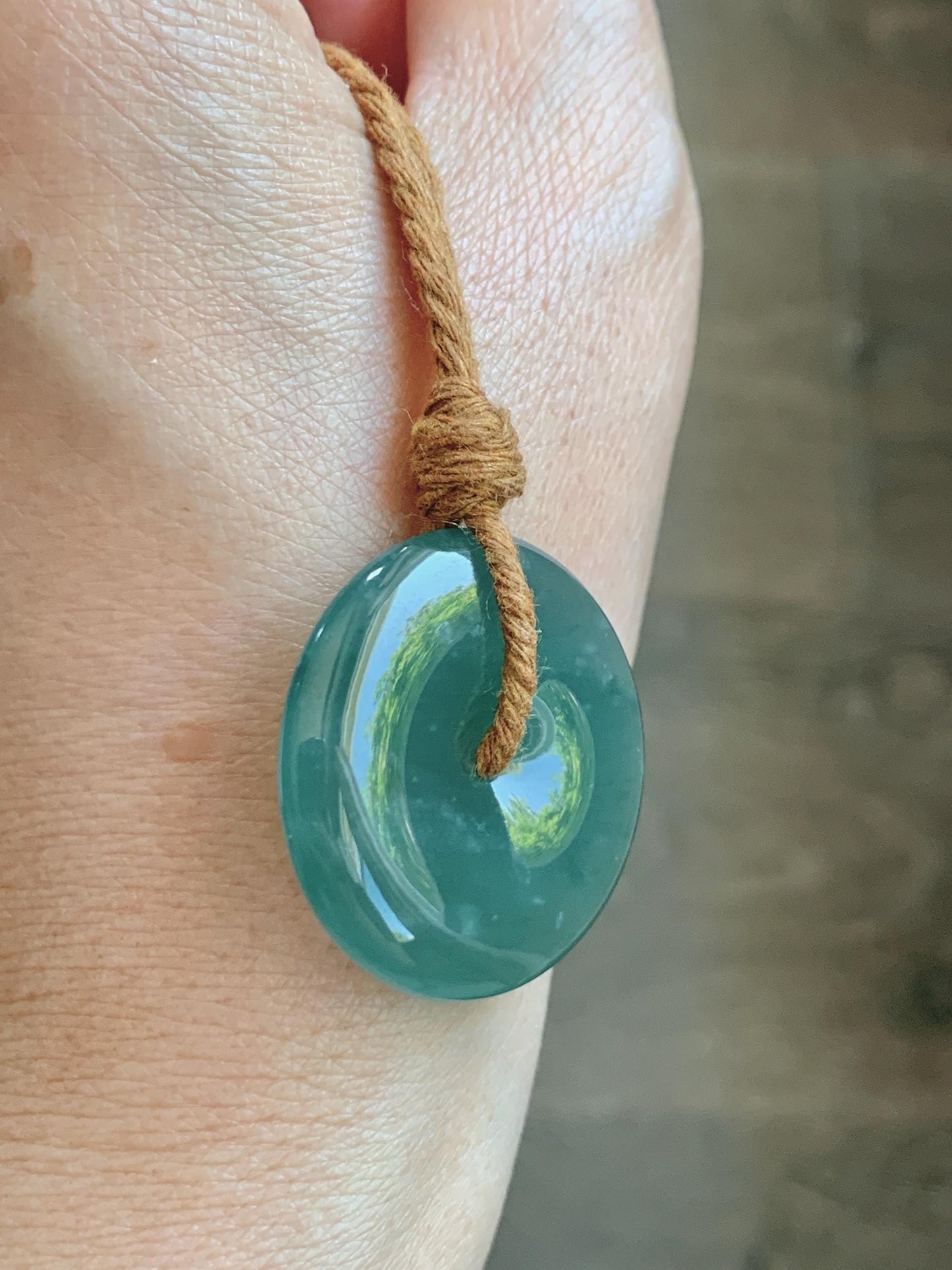 Natural Grade A Guatemalan Icy Translucent Dark Teal Blue Jade Jadeite Ping An Kou Donut Pendant Rope Necklace 25" 天然冰胶危深蓝绿翡翠平安扣吊坠 WSB660A